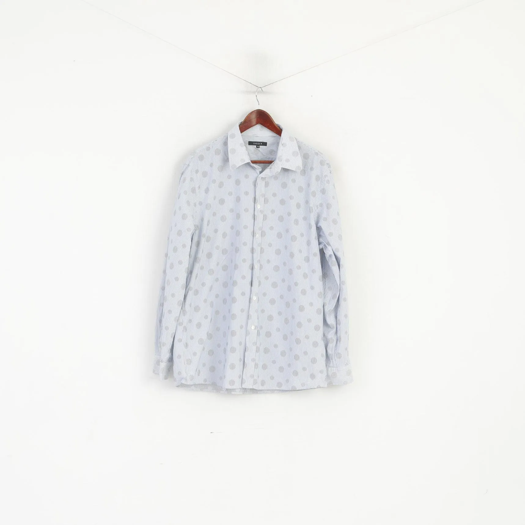 Jaeger Men XL Casual Shirt Blue Striped Dots Cotton Long Sleeve Top