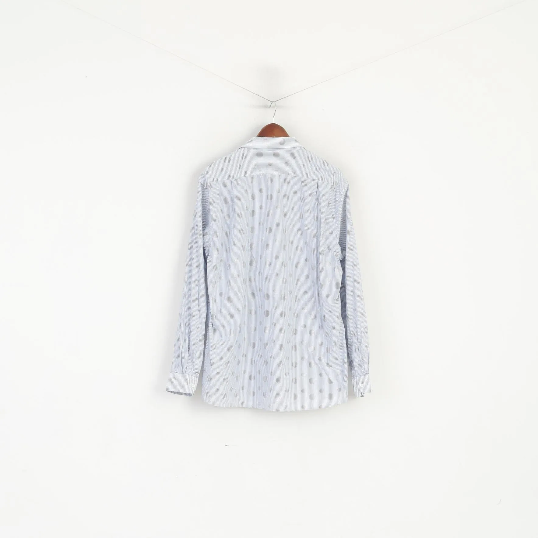 Jaeger Men XL Casual Shirt Blue Striped Dots Cotton Long Sleeve Top