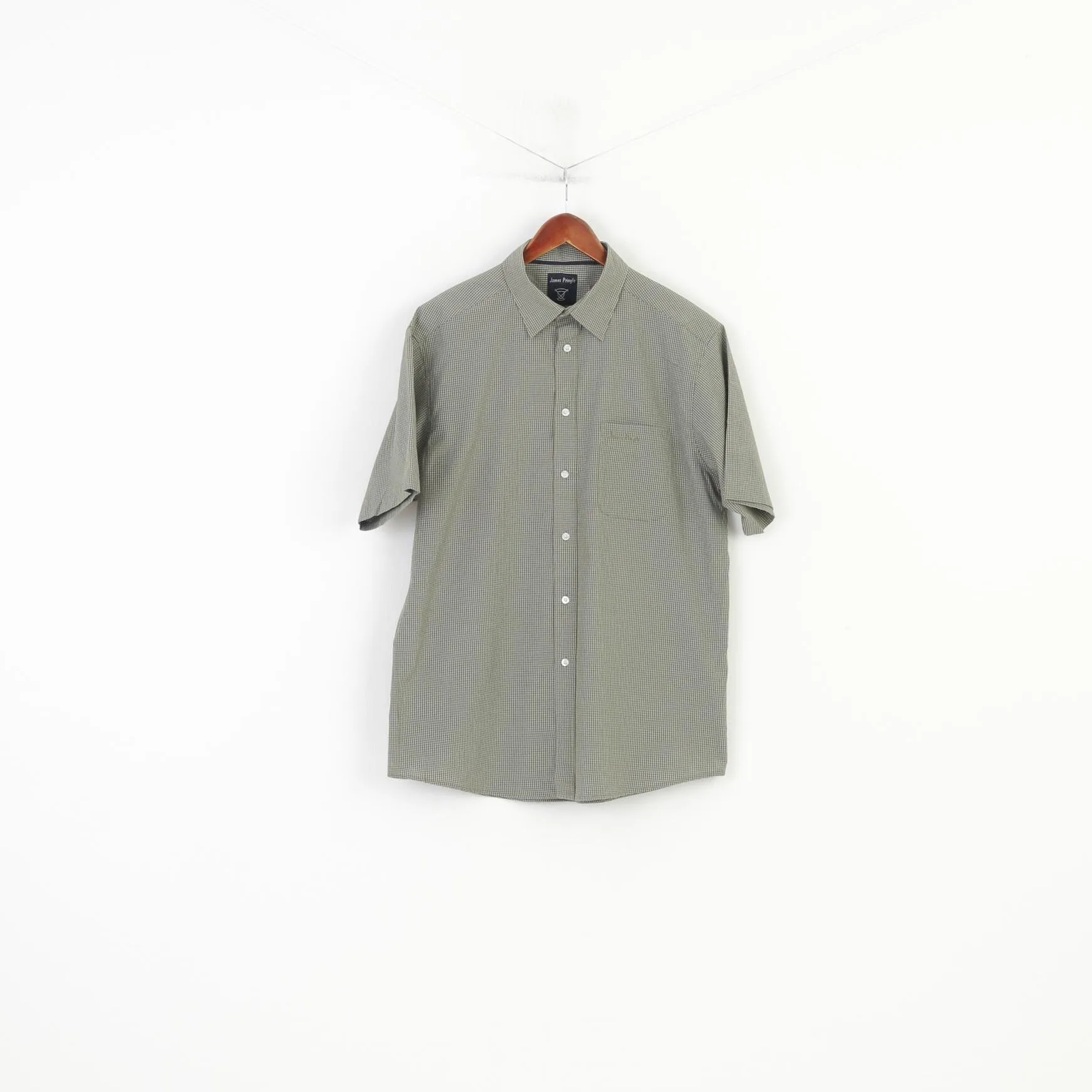 James Pringle Men L Casual Shirt Green Checkered Detailed Buttons Short Sleeve Top
