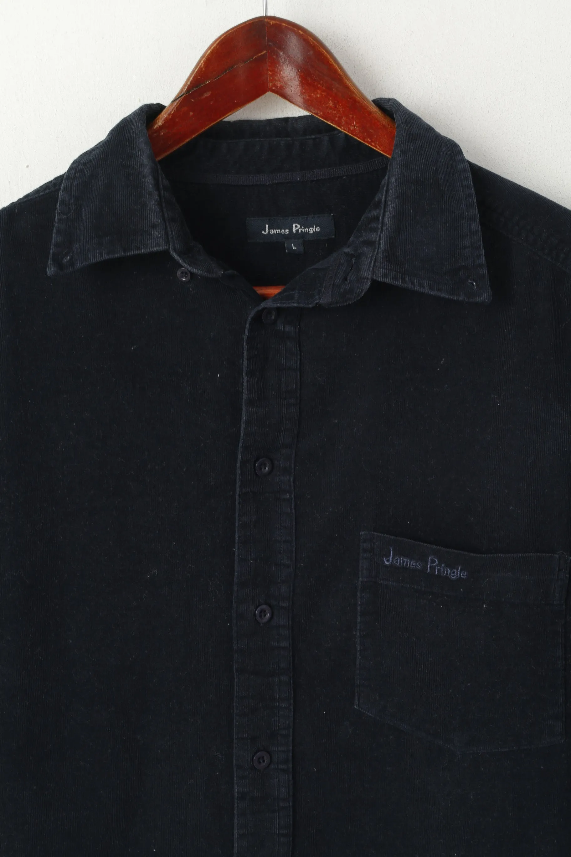 James Pringle Men L Casual Shirt Navy Cotton Western Detailed Buttons Long Sleeve Top