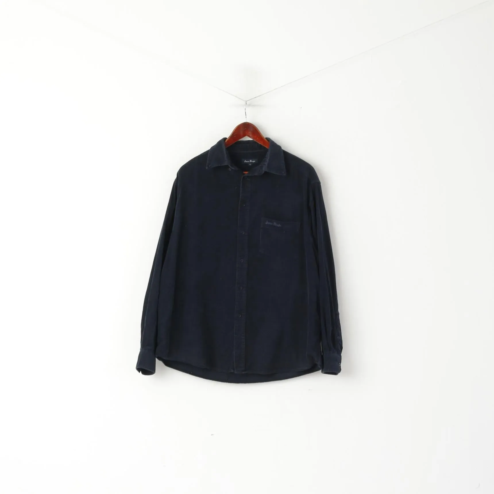 James Pringle Men L Casual Shirt Navy Cotton Western Detailed Buttons Long Sleeve Top