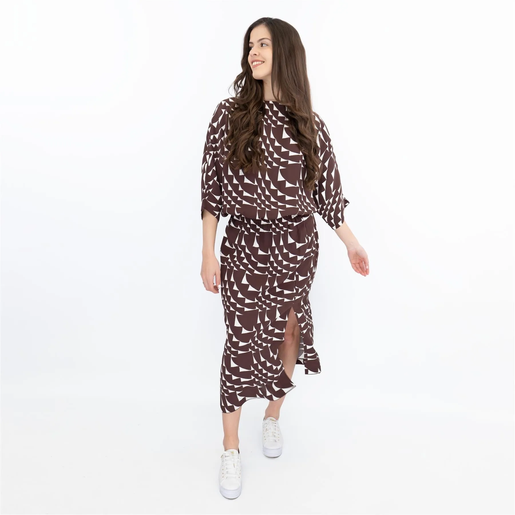 Jasper Conran Beau 3/4 Sleeve Brown Print Boat Neck Relaxed Fit Midi Dresses with Split and Pockets