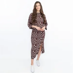 Jasper Conran Beau 3/4 Sleeve Brown Print Boat Neck Relaxed Fit Midi Dresses with Split and Pockets