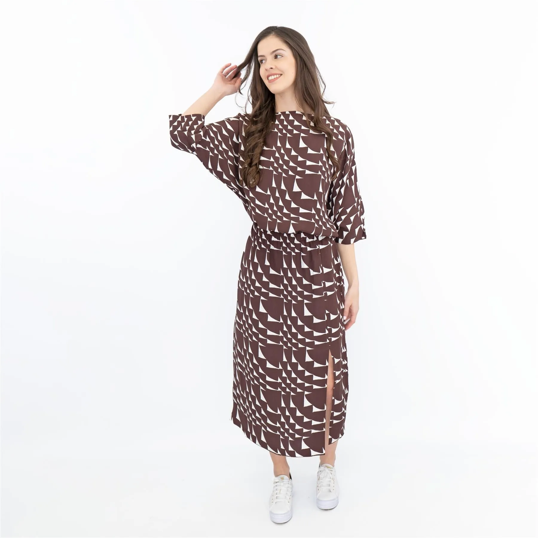 Jasper Conran Beau 3/4 Sleeve Brown Print Boat Neck Relaxed Fit Midi Dresses with Split and Pockets