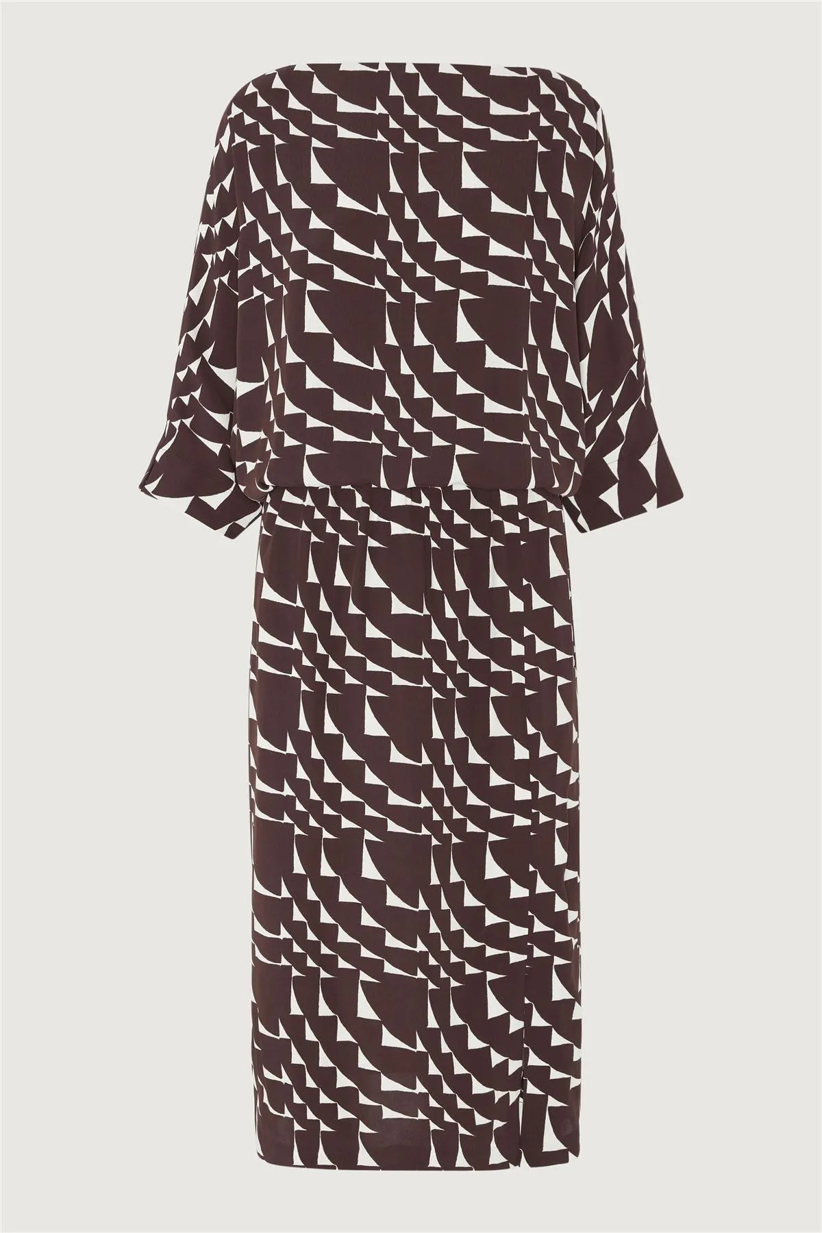 Jasper Conran Beau 3/4 Sleeve Brown Print Boat Neck Relaxed Fit Midi Dresses with Split and Pockets