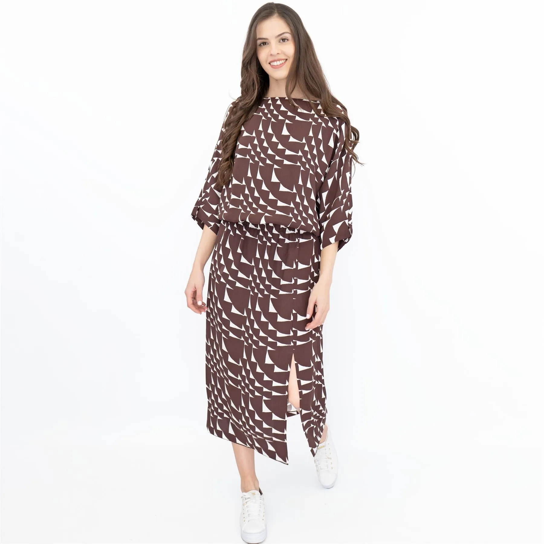 Jasper Conran Beau 3/4 Sleeve Brown Print Boat Neck Relaxed Fit Midi Dresses with Split and Pockets
