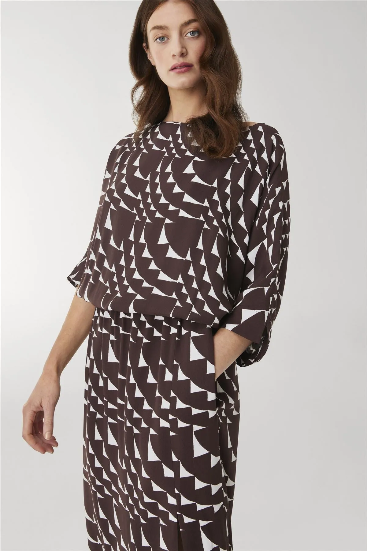 Jasper Conran Beau 3/4 Sleeve Brown Print Boat Neck Relaxed Fit Midi Dresses with Split and Pockets