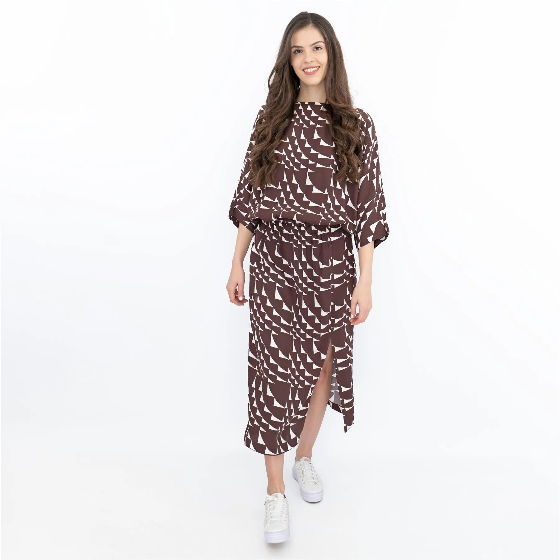 Jasper Conran Beau 3/4 Sleeve Brown Print Boat Neck Relaxed Fit Midi Dresses with Split and Pockets