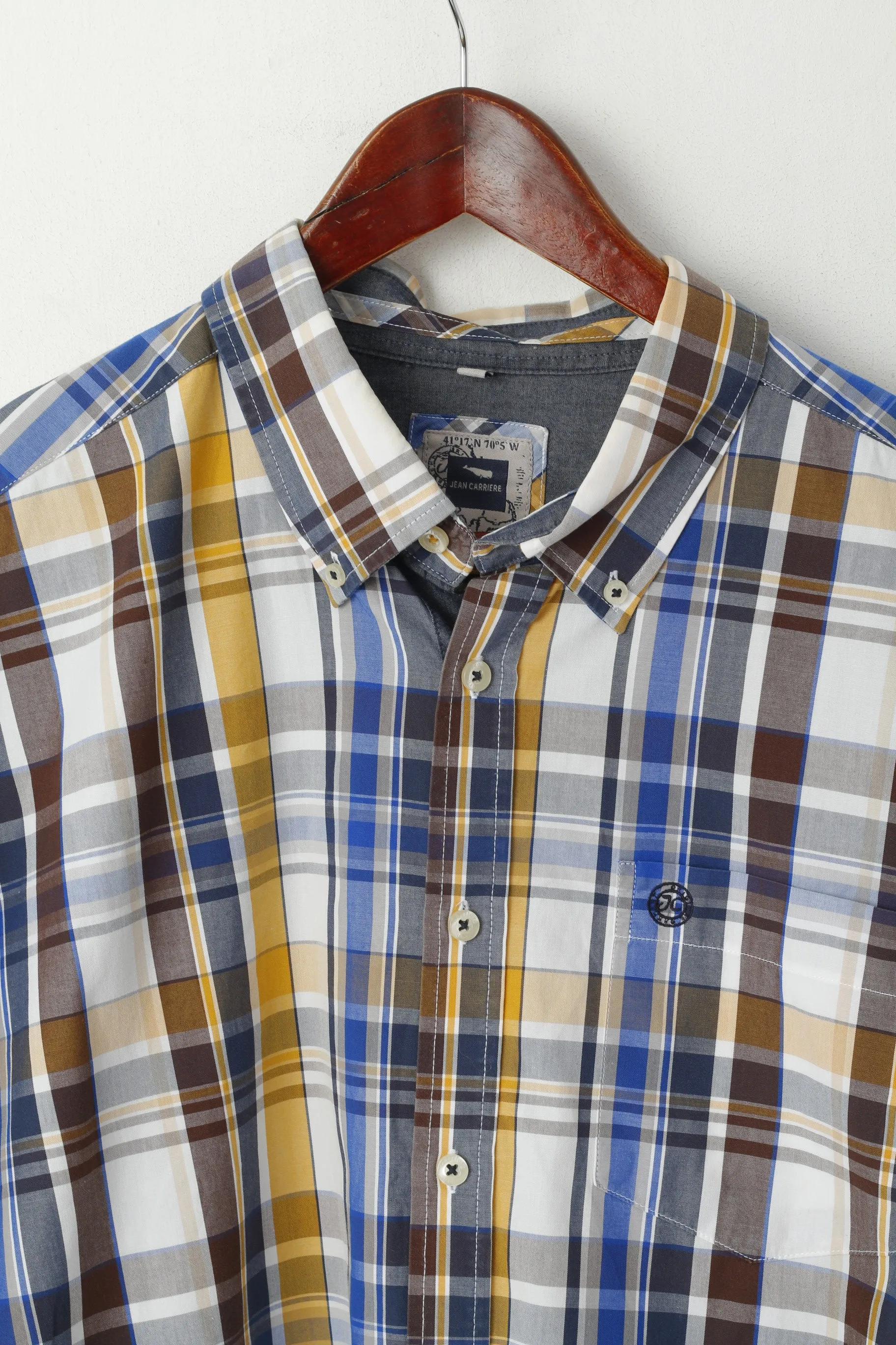 Jean Carriere Men XXL Casual Shirt Blue Check Cotton Basic Long Sleeve Top