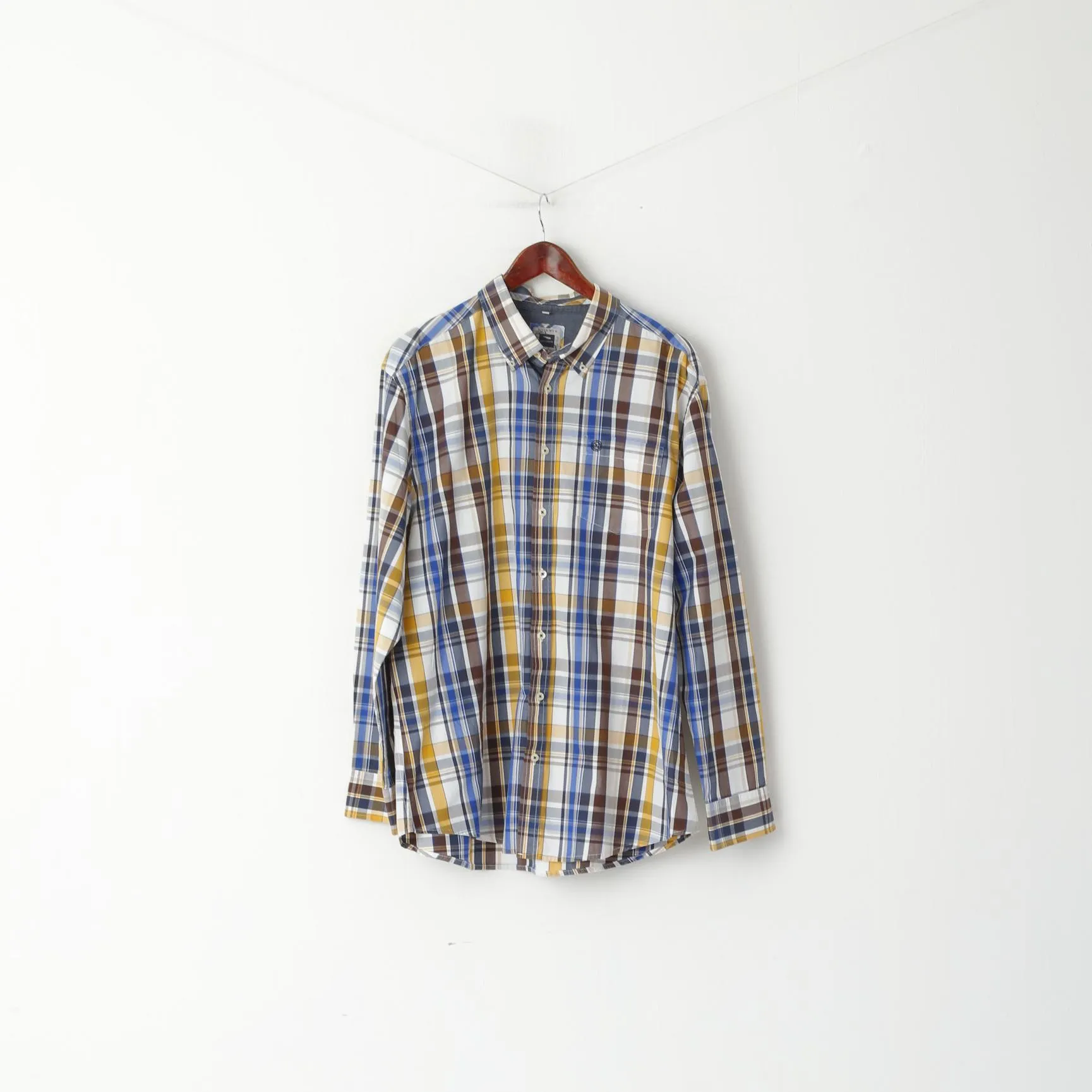 Jean Carriere Men XXL Casual Shirt Blue Check Cotton Basic Long Sleeve Top