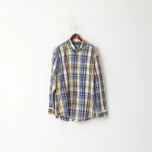 Jean Carriere Men XXL Casual Shirt Blue Check Cotton Basic Long Sleeve Top