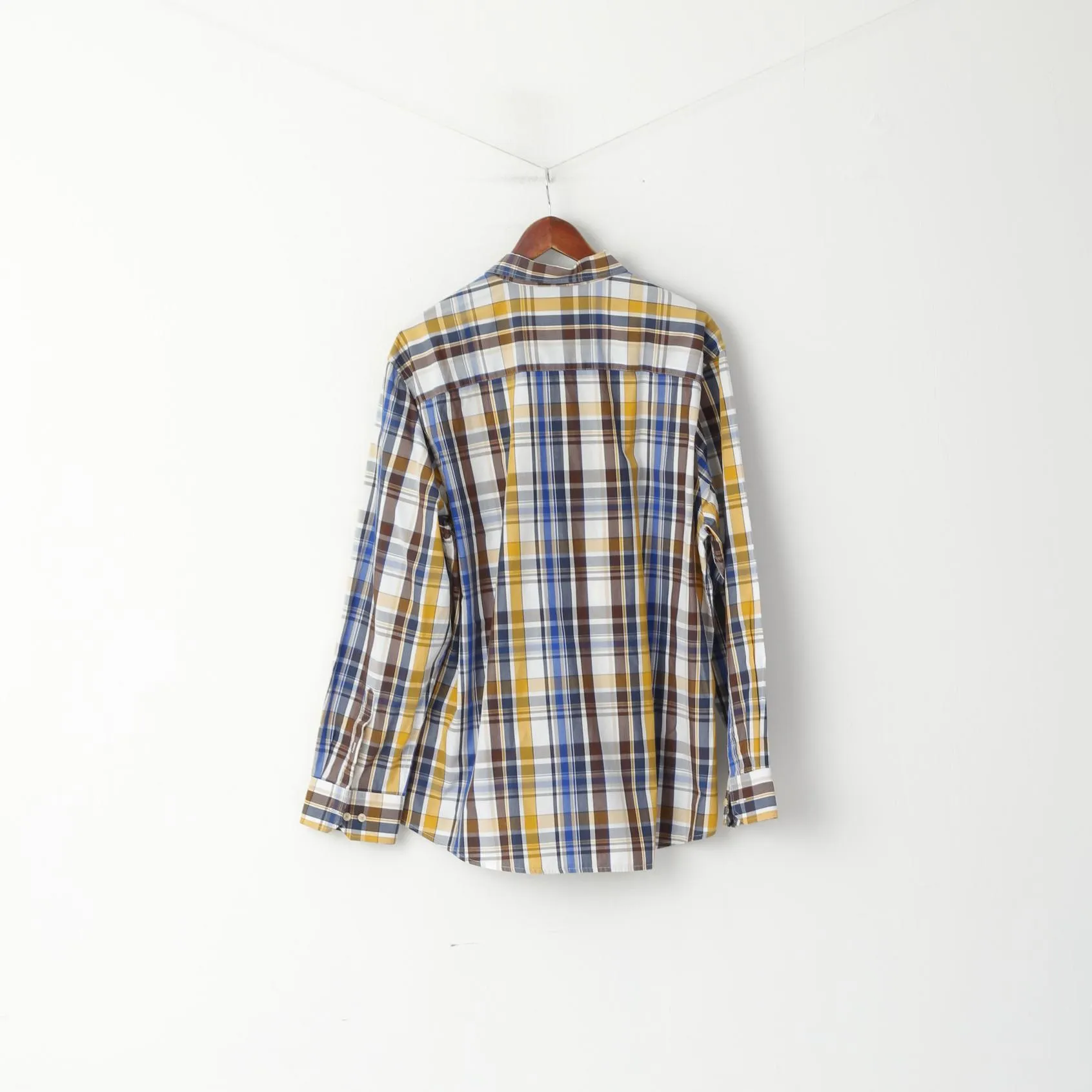 Jean Carriere Men XXL Casual Shirt Blue Check Cotton Basic Long Sleeve Top