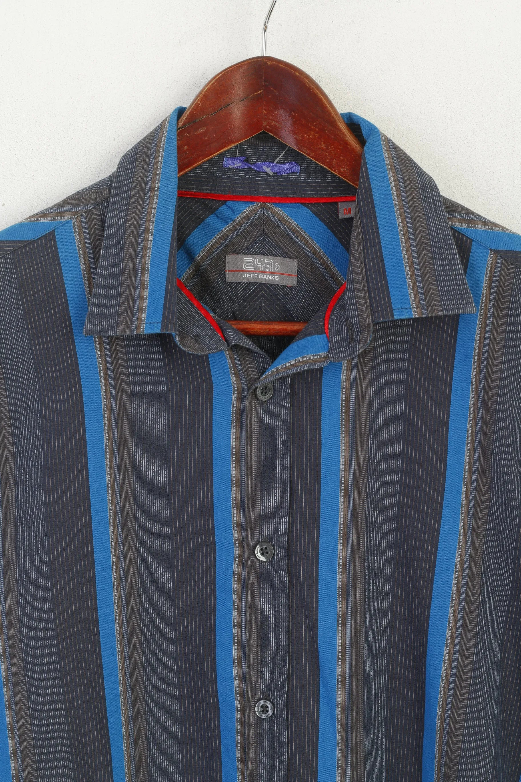 Jeff Banks 24:7 Men M Casual Shirt Blue Brown Cotton Striped Long Sleeve Top