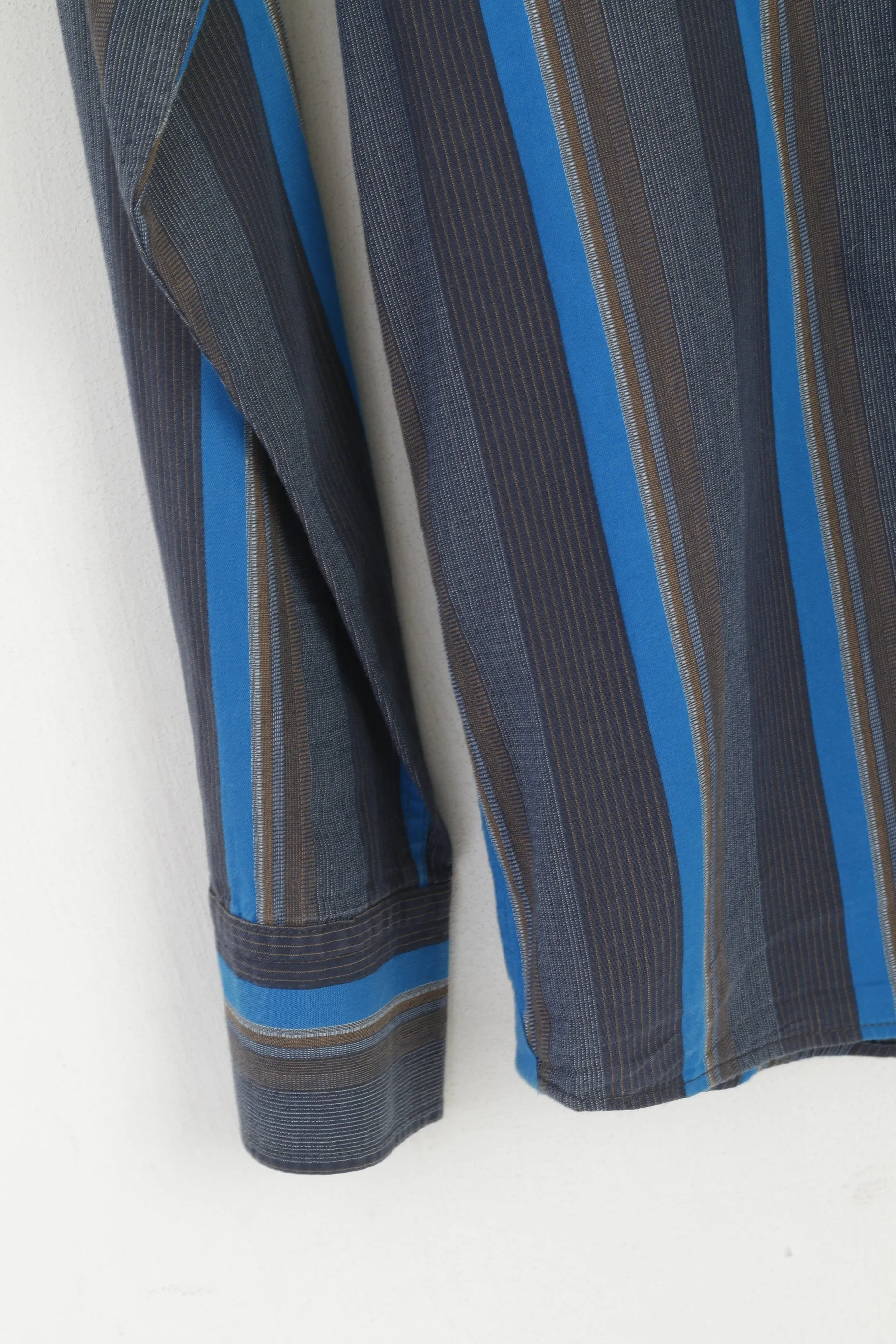 Jeff Banks 24:7 Men M Casual Shirt Blue Brown Cotton Striped Long Sleeve Top
