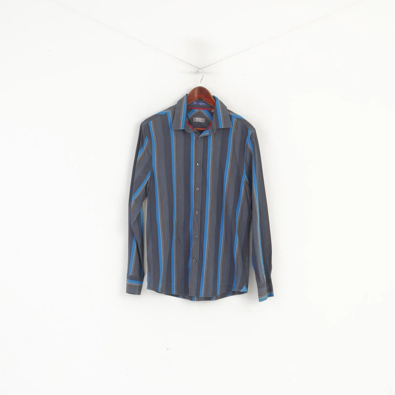Jeff Banks 24:7 Men M Casual Shirt Blue Brown Cotton Striped Long Sleeve Top