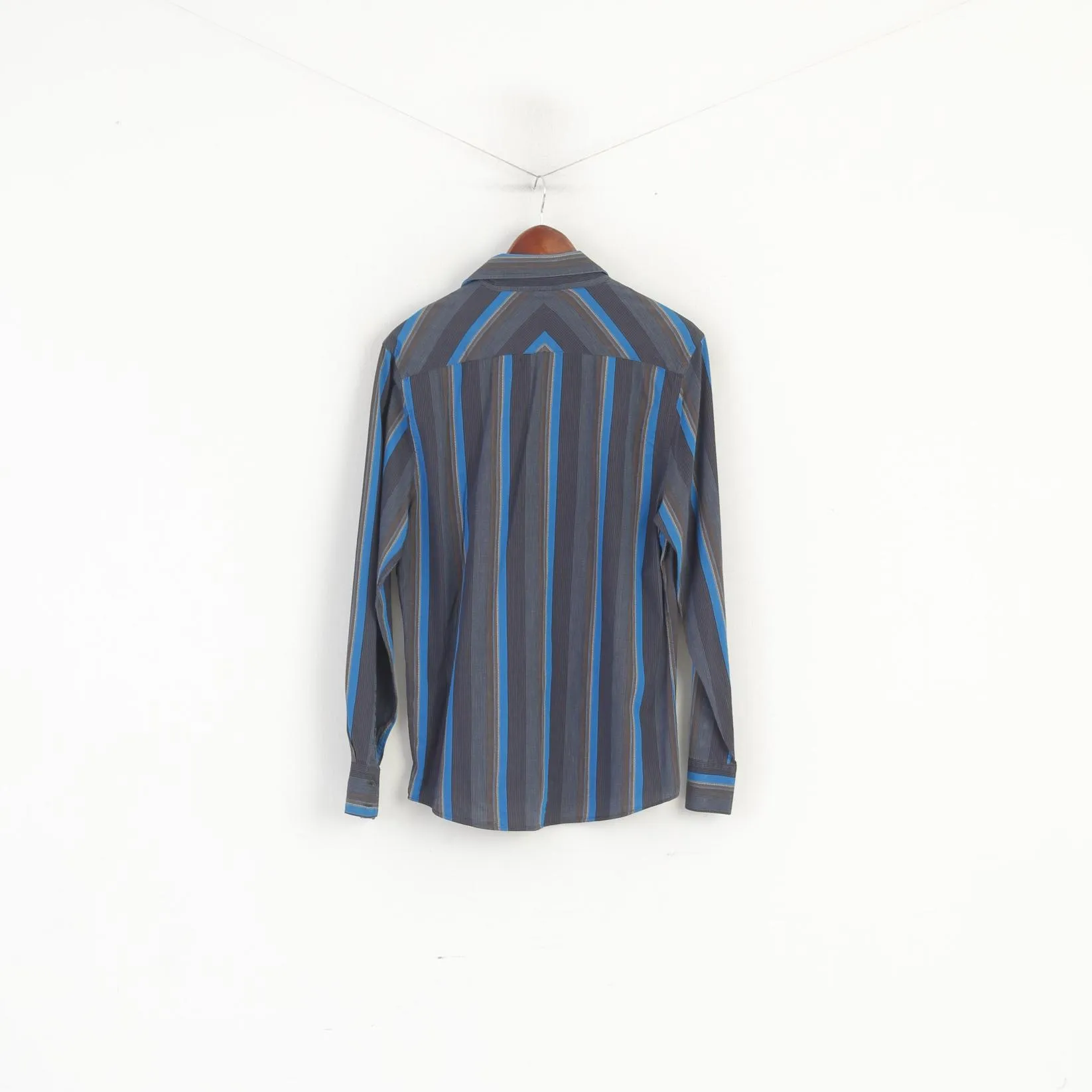 Jeff Banks 24:7 Men M Casual Shirt Blue Brown Cotton Striped Long Sleeve Top