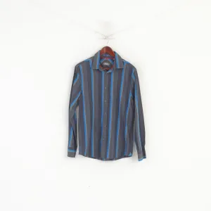 Jeff Banks 24:7 Men M Casual Shirt Blue Brown Cotton Striped Long Sleeve Top