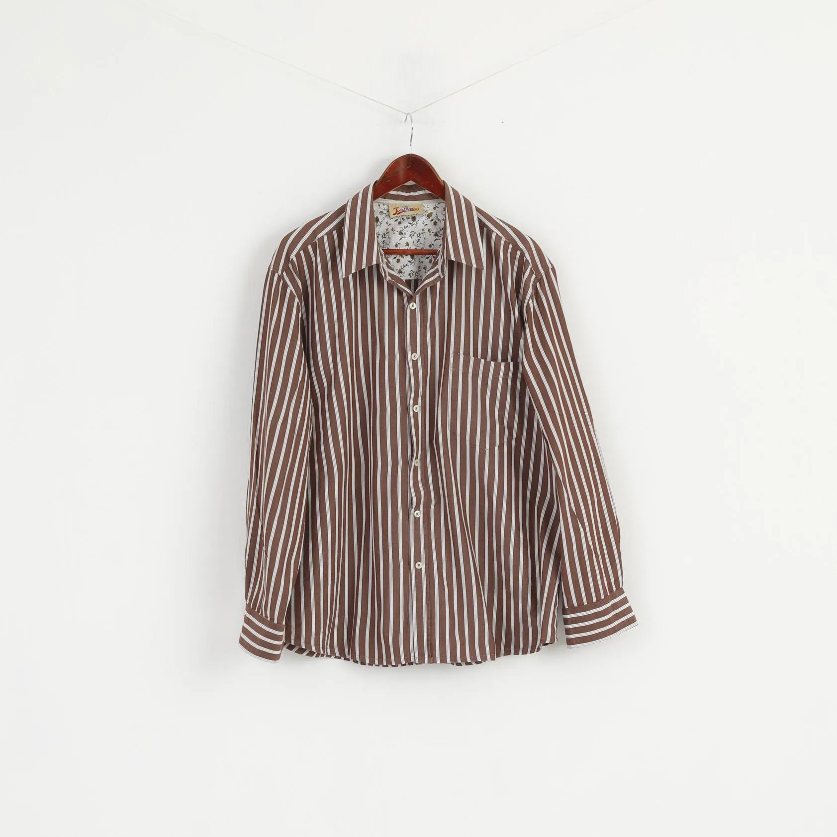 Joe Brown Men XL (XXL) Casual Shirt Brown White Striped Cotton Long Sleeve Top