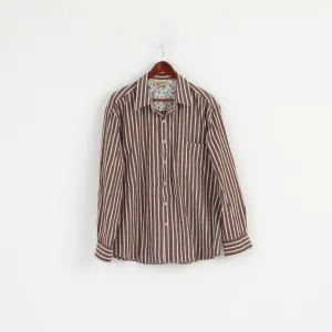 Joe Brown Men XL (XXL) Casual Shirt Brown White Striped Cotton Long Sleeve Top