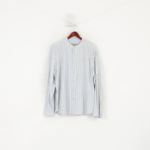 Joe Browns Men XL Casual Shirt Blue Cotton Striped Stand-up Collar Long Sleeve Top