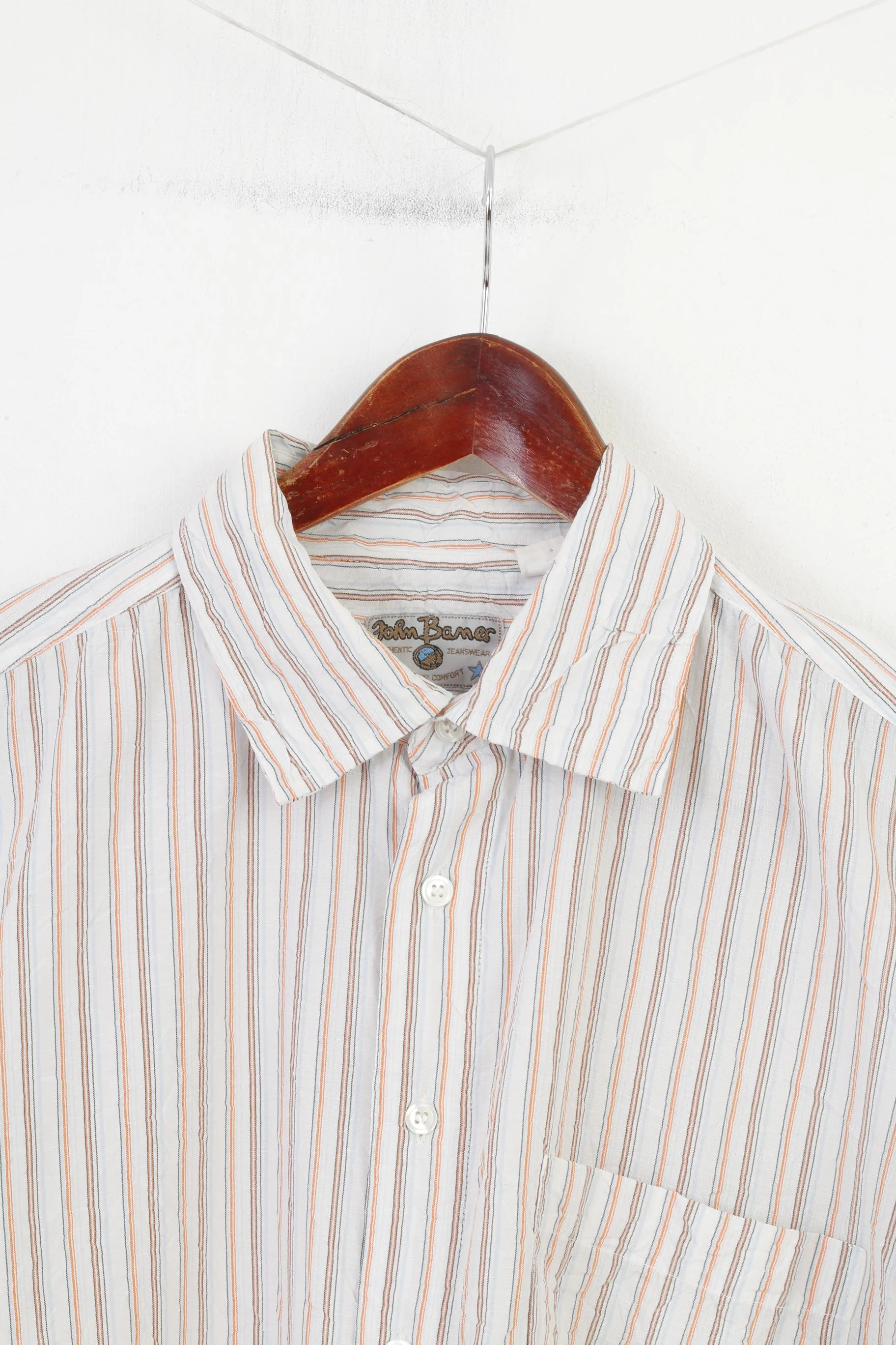 John Baner Men XL 41/42 Casual Shirt Striped Cotton Long Sleeve White Collar Vintage Top