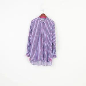 Joseph Turner Men 37R Casual Shirt Cotton Striped Blue Pink Buttons Collar  Long Sleeve Top