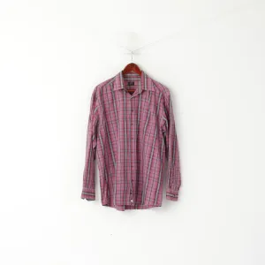 Just Calvino Men XL Casual Shirt Pink Check Cotton Long Sleeve Pocket Top