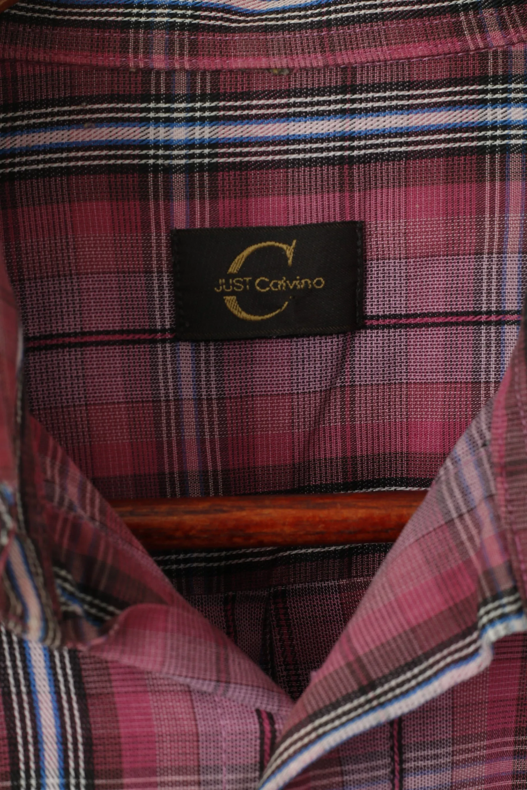 Just Calvino Men XL Casual Shirt Pink Check Cotton Long Sleeve Pocket Top
