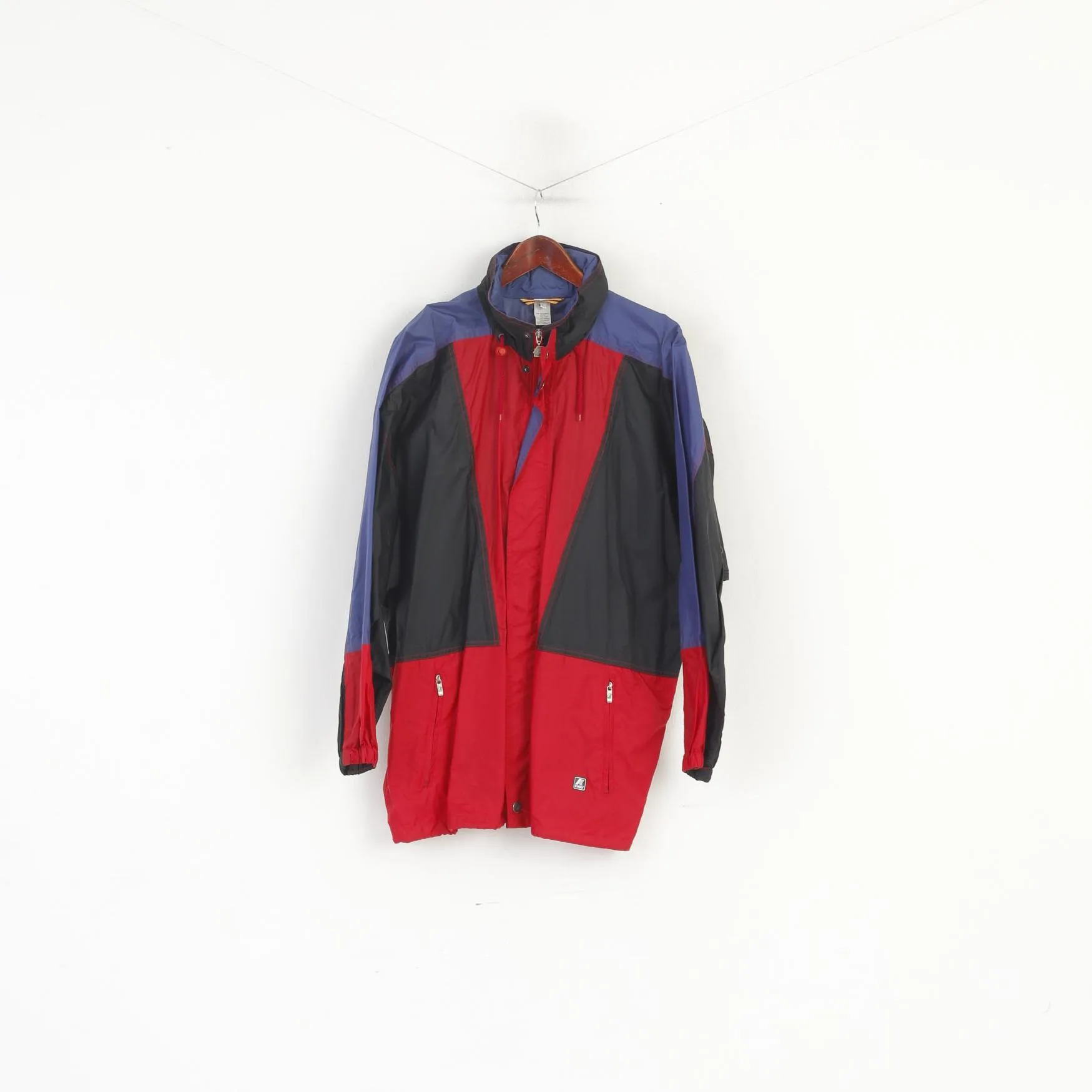 K-Way International Men L Jacket Black Red Vintage Nylon Hidded Hood Outdoor Top