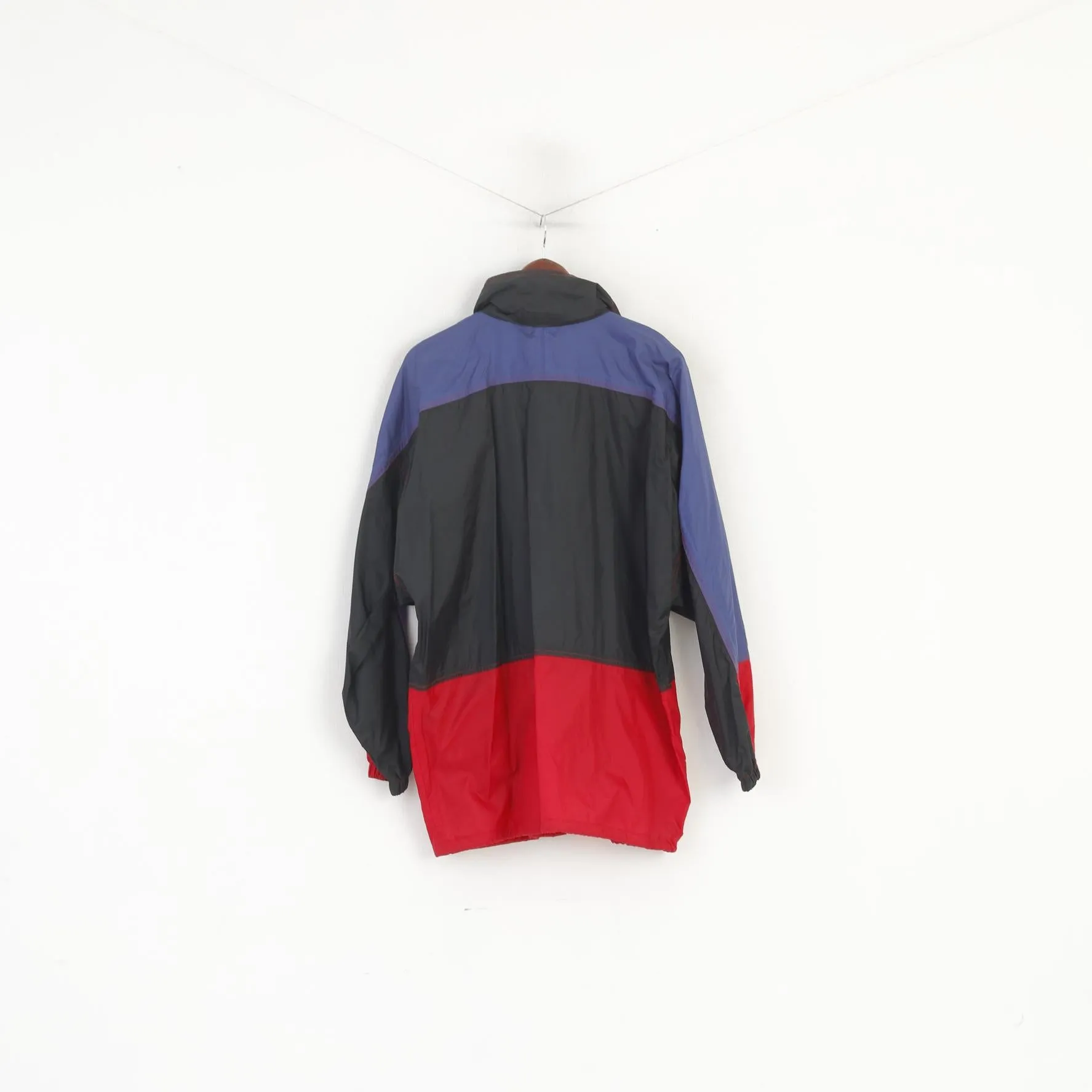 K-Way International Men L Jacket Black Red Vintage Nylon Hidded Hood Outdoor Top