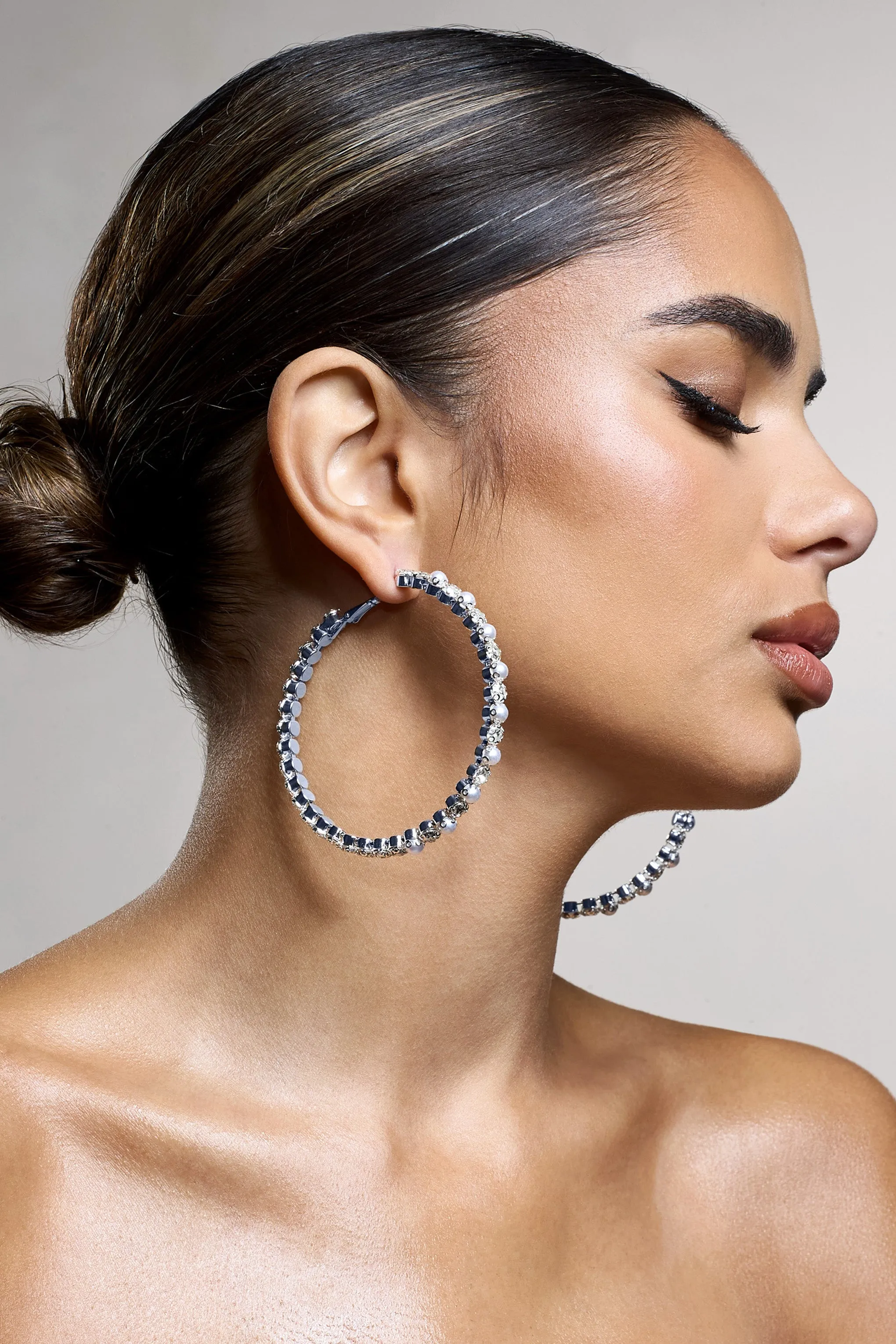 Kassandra | Silver Diamante Hoop Earrings Club L London