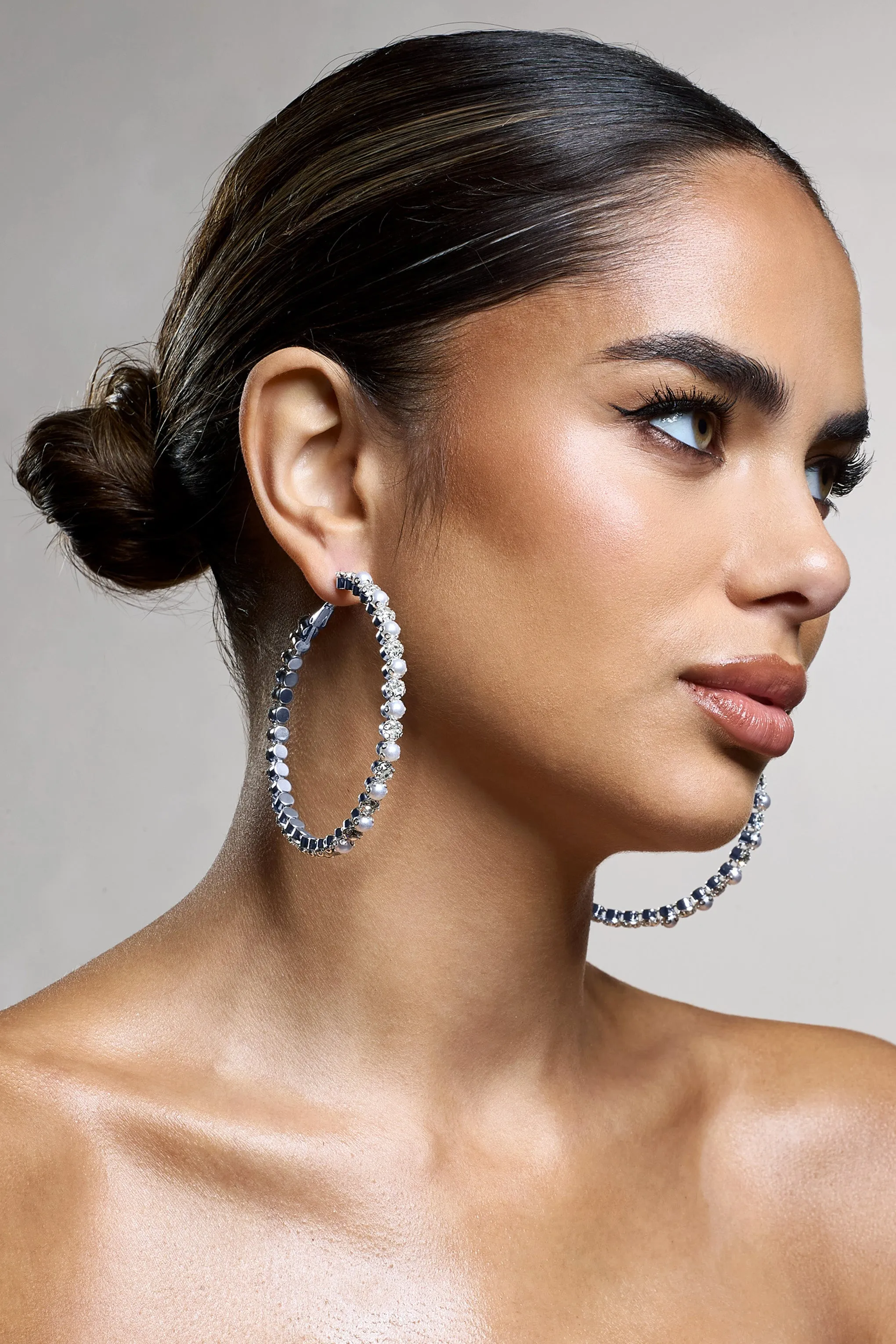 Kassandra | Silver Diamante Hoop Earrings Club L London