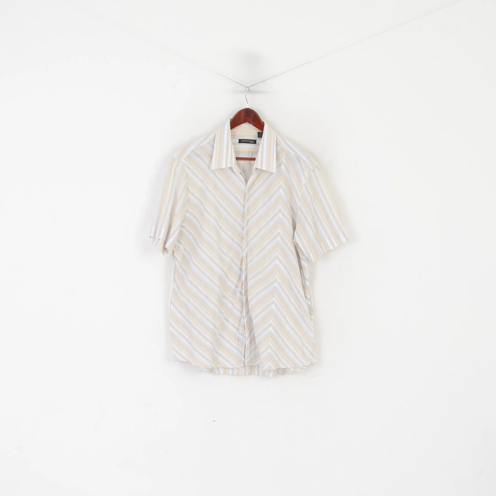 Kenneth Cole Men XL Casual Shirt Beige Striped Cotton Short Sleeeve Top