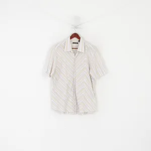 Kenneth Cole Men XL Casual Shirt Beige Striped Cotton Short Sleeeve Top
