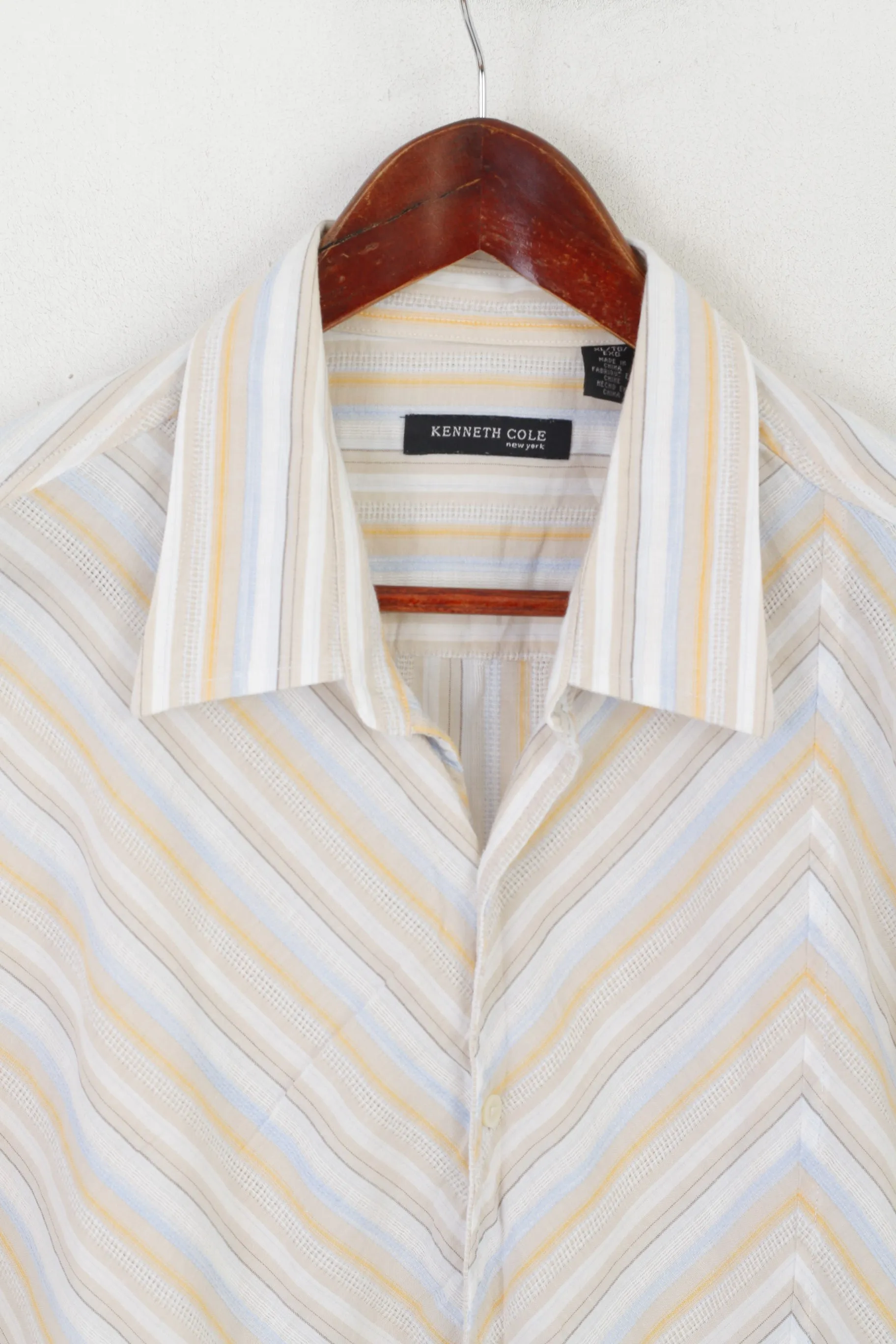 Kenneth Cole Men XL Casual Shirt Beige Striped Cotton Short Sleeeve Top