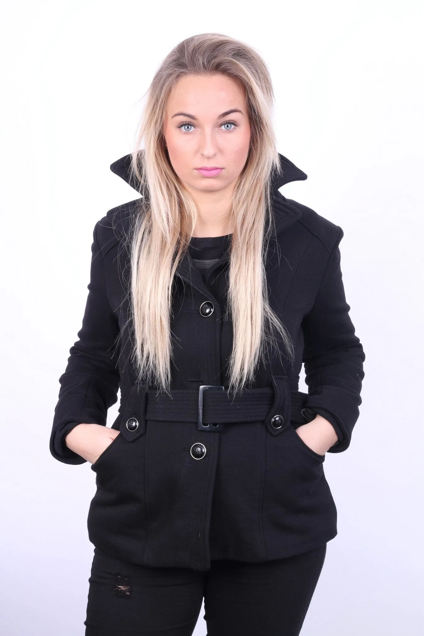 Kenneth Cole Reaction Women M Jacket Black Soft Cotton Belted Fit Casual Top