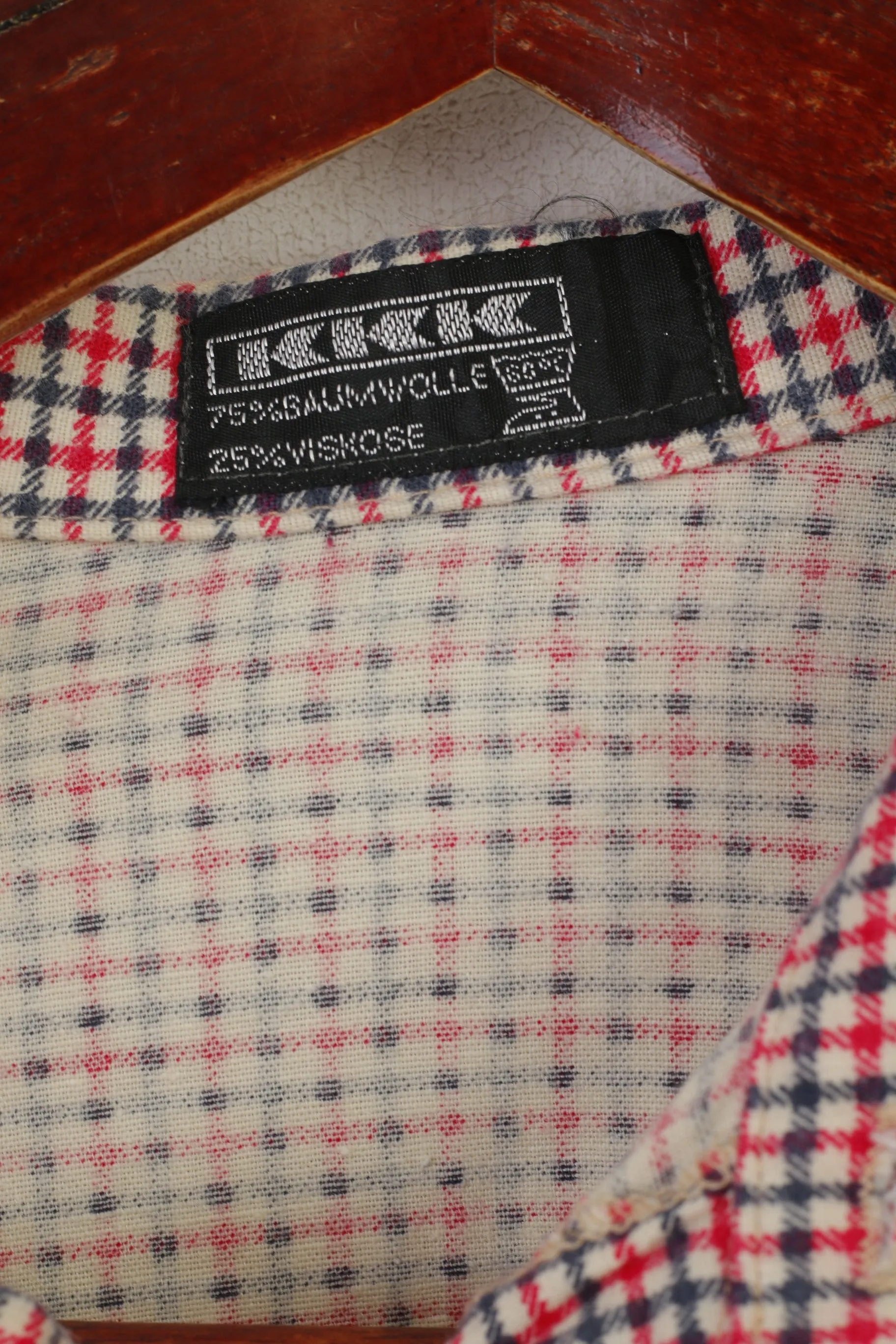 KKK Men M Casual Shirt Cream Cotton Vintage Pink Check Long Sleeve Top