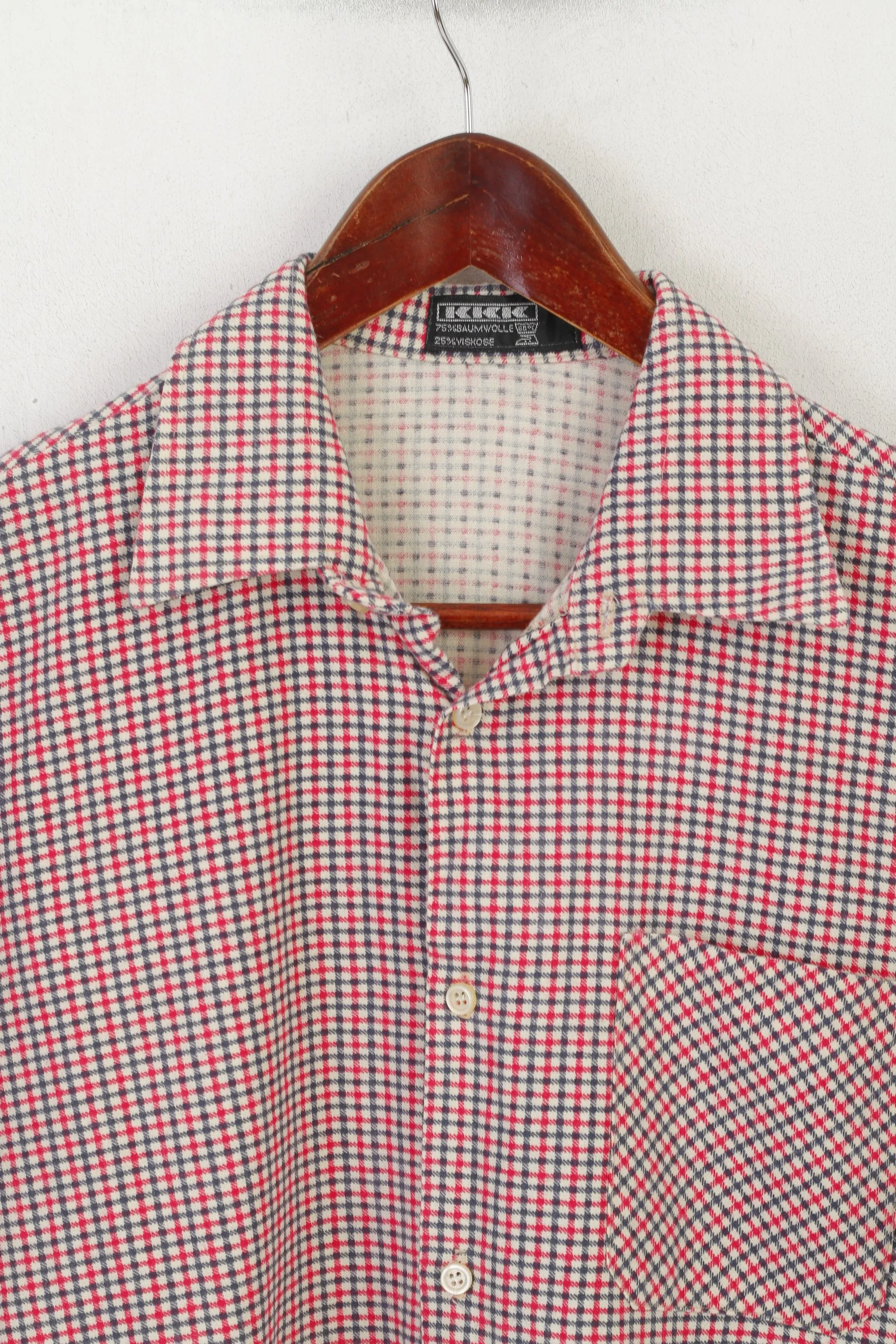 KKK Men M Casual Shirt Cream Cotton Vintage Pink Check Long Sleeve Top