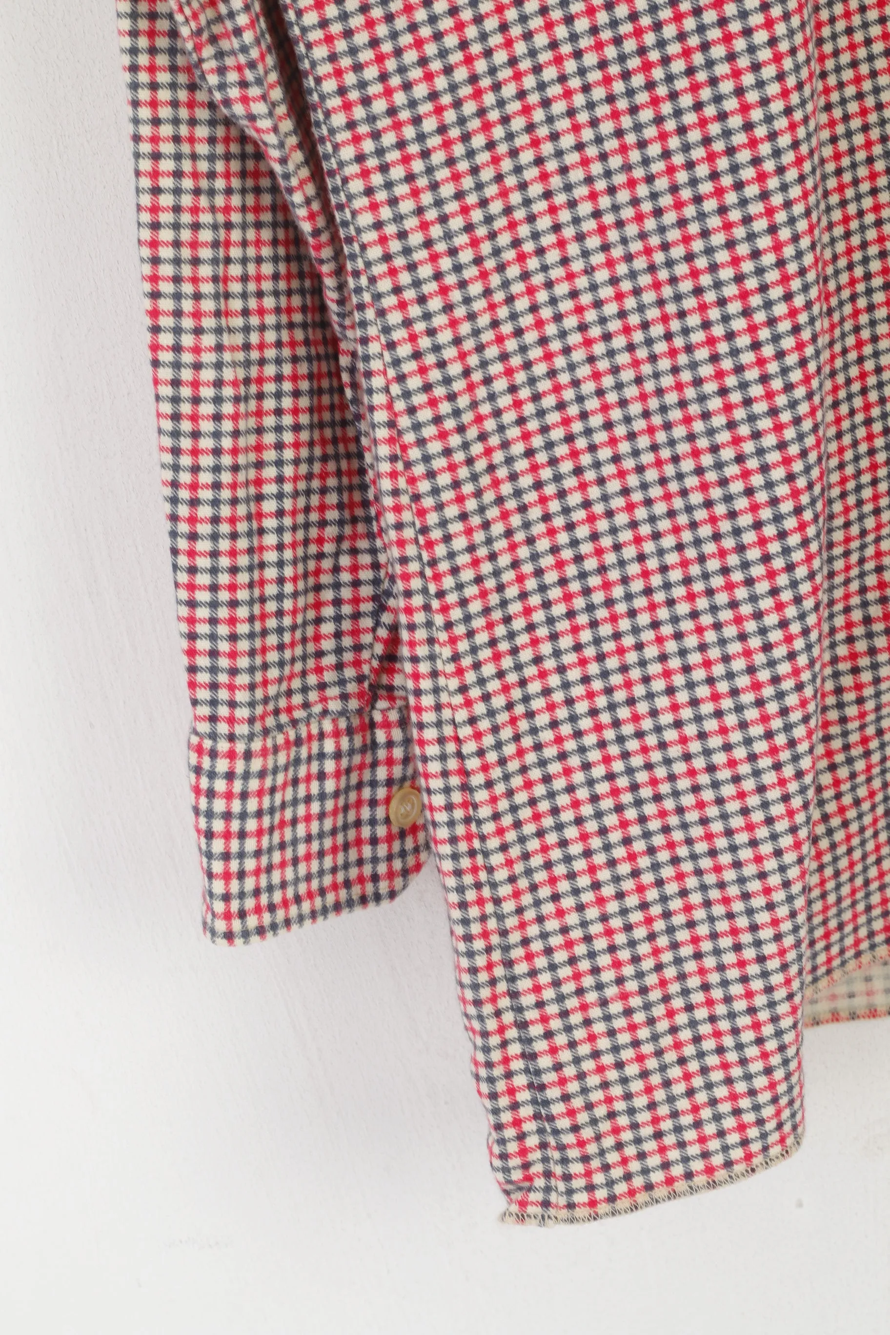 KKK Men M Casual Shirt Cream Cotton Vintage Pink Check Long Sleeve Top