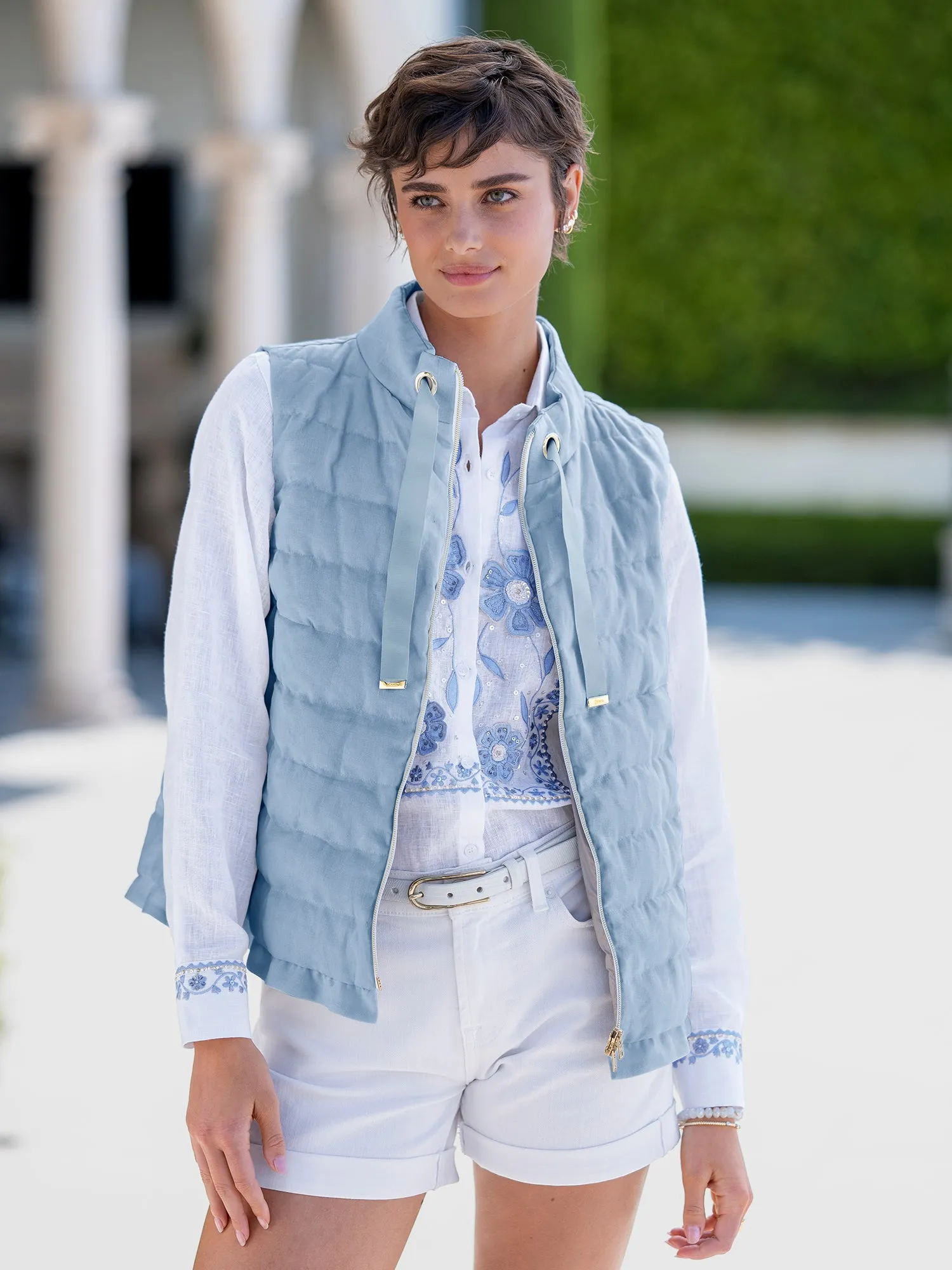 Krista Linen Ruffle Down Vest