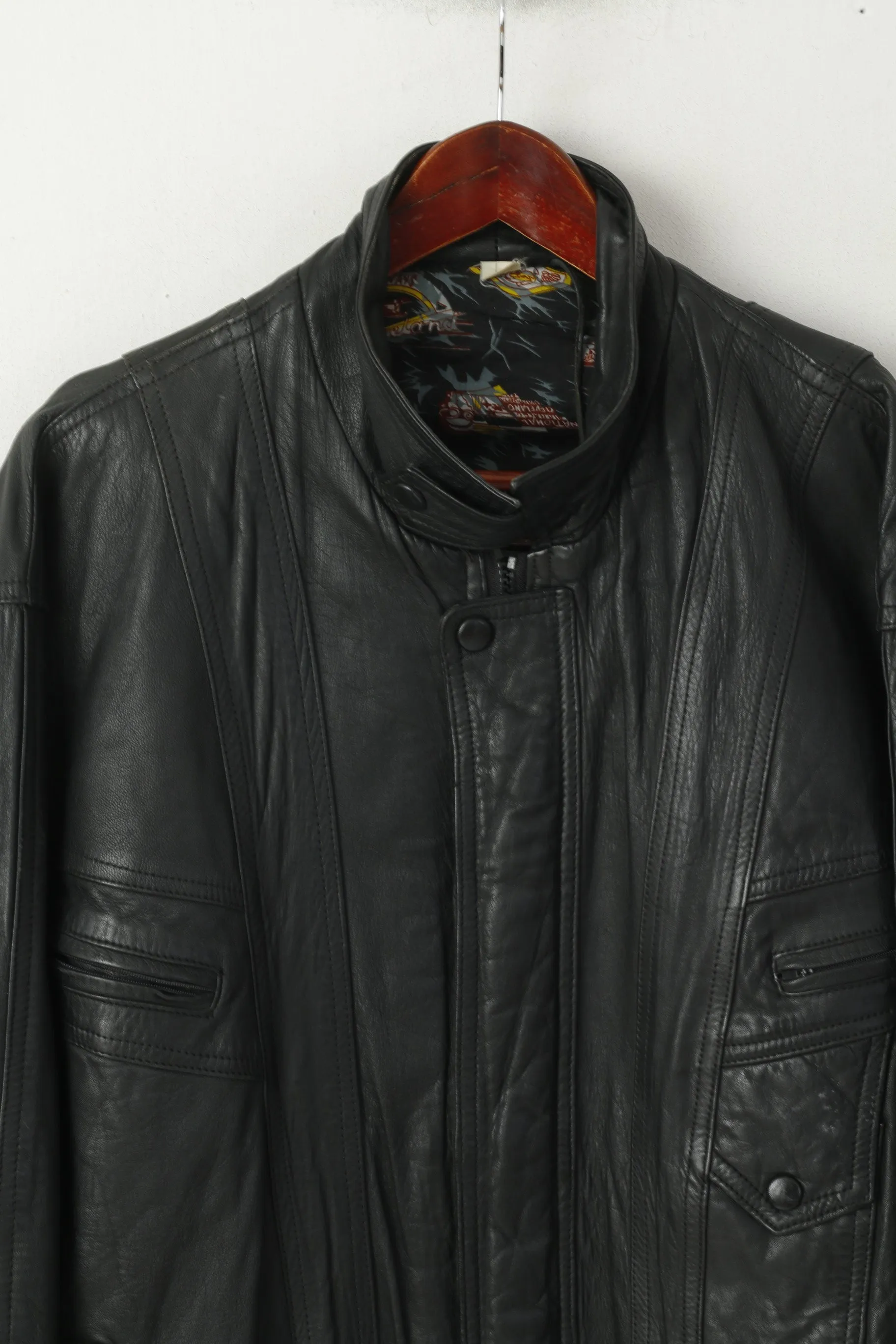 Kuang Huei Men L Jacket Black Leather Airways Airplane Flying Vintage Aero Zip Up Top