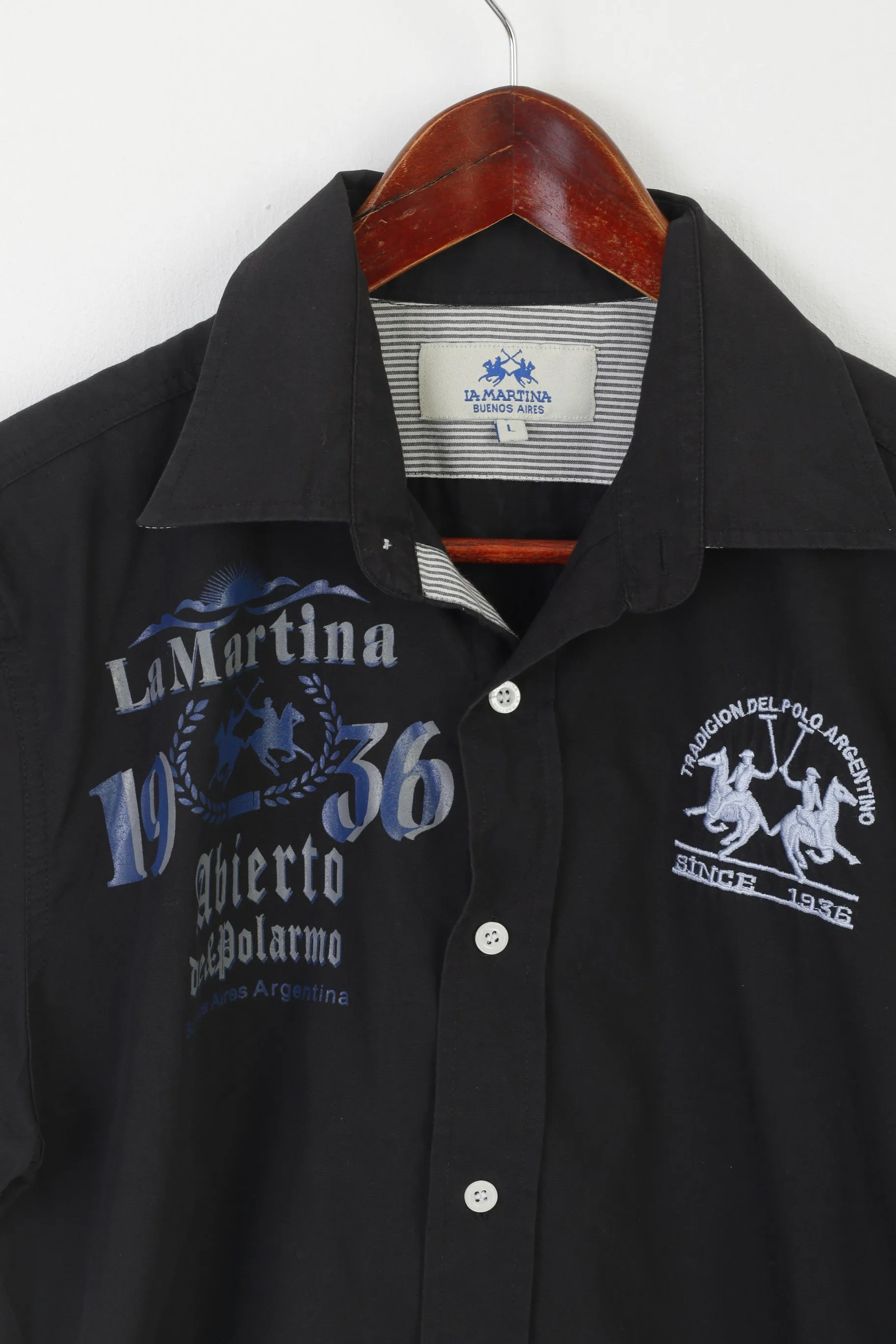 La Martina Men L (M) Casual Shirt Black Cotton Short Sleeve Buenos Aires Top