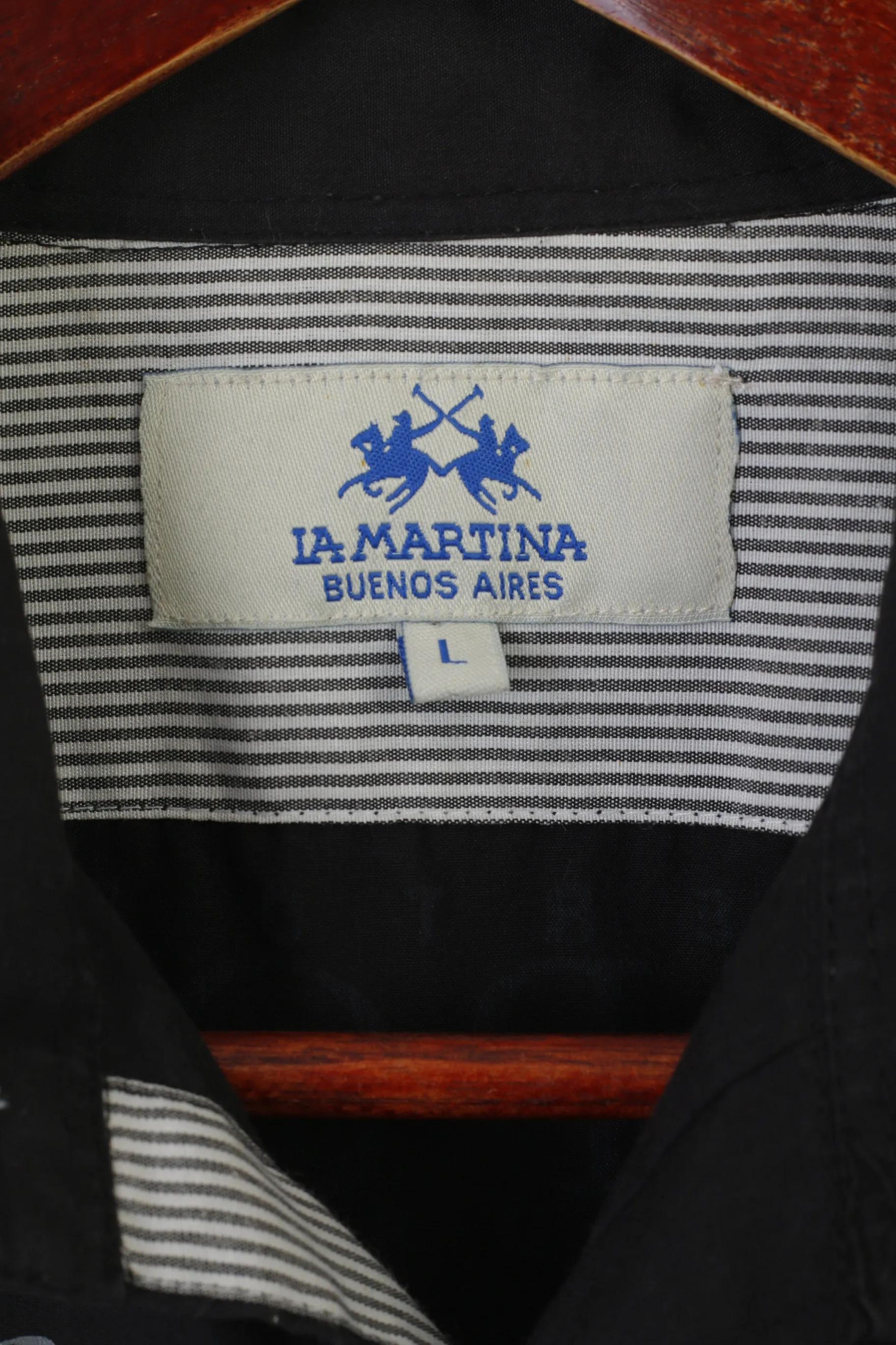 La Martina Men L (M) Casual Shirt Black Cotton Short Sleeve Buenos Aires Top