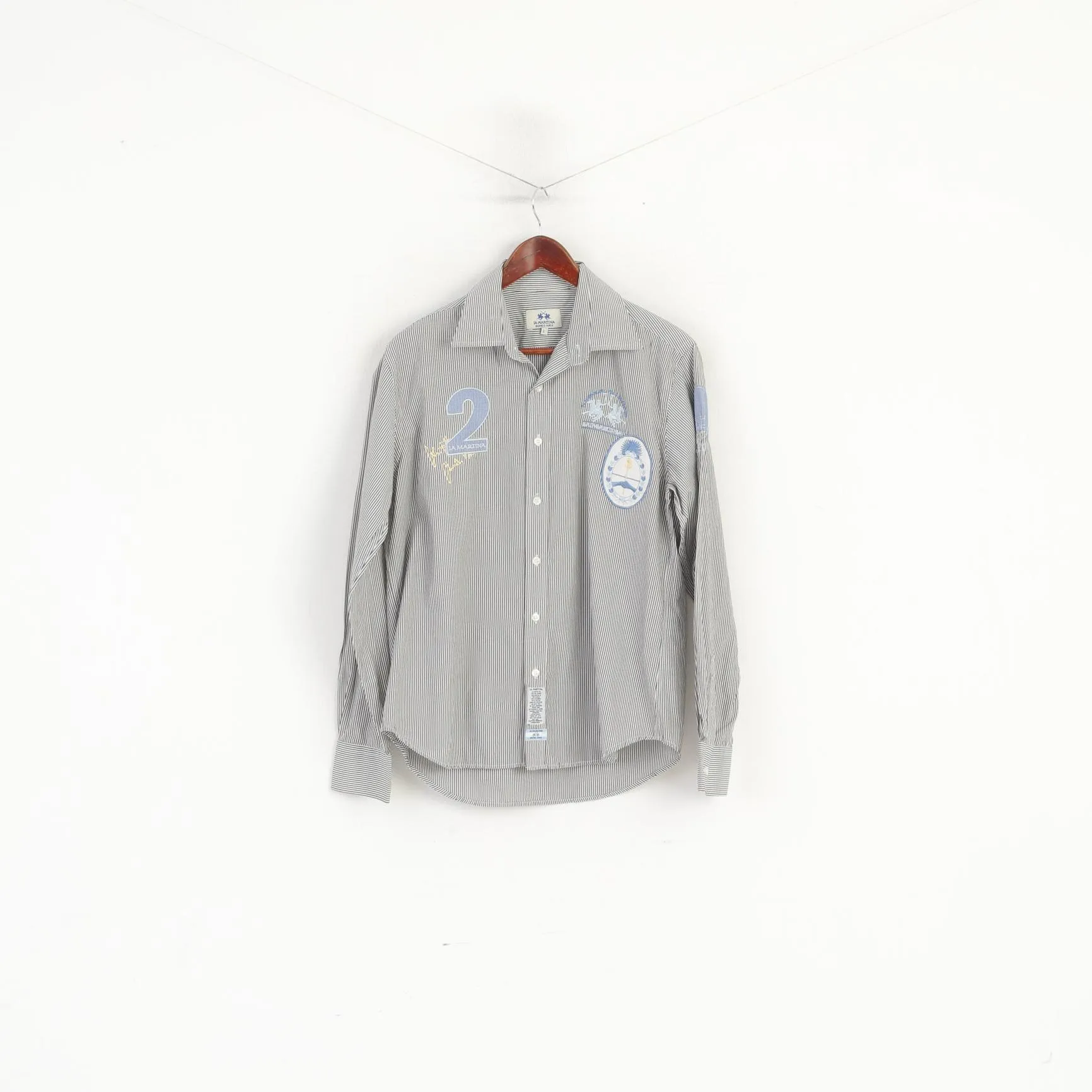 La Martina Men L (M) Casual Shirt Grey Striped Cotton Polo Buenos Aires Long Sleeve Top