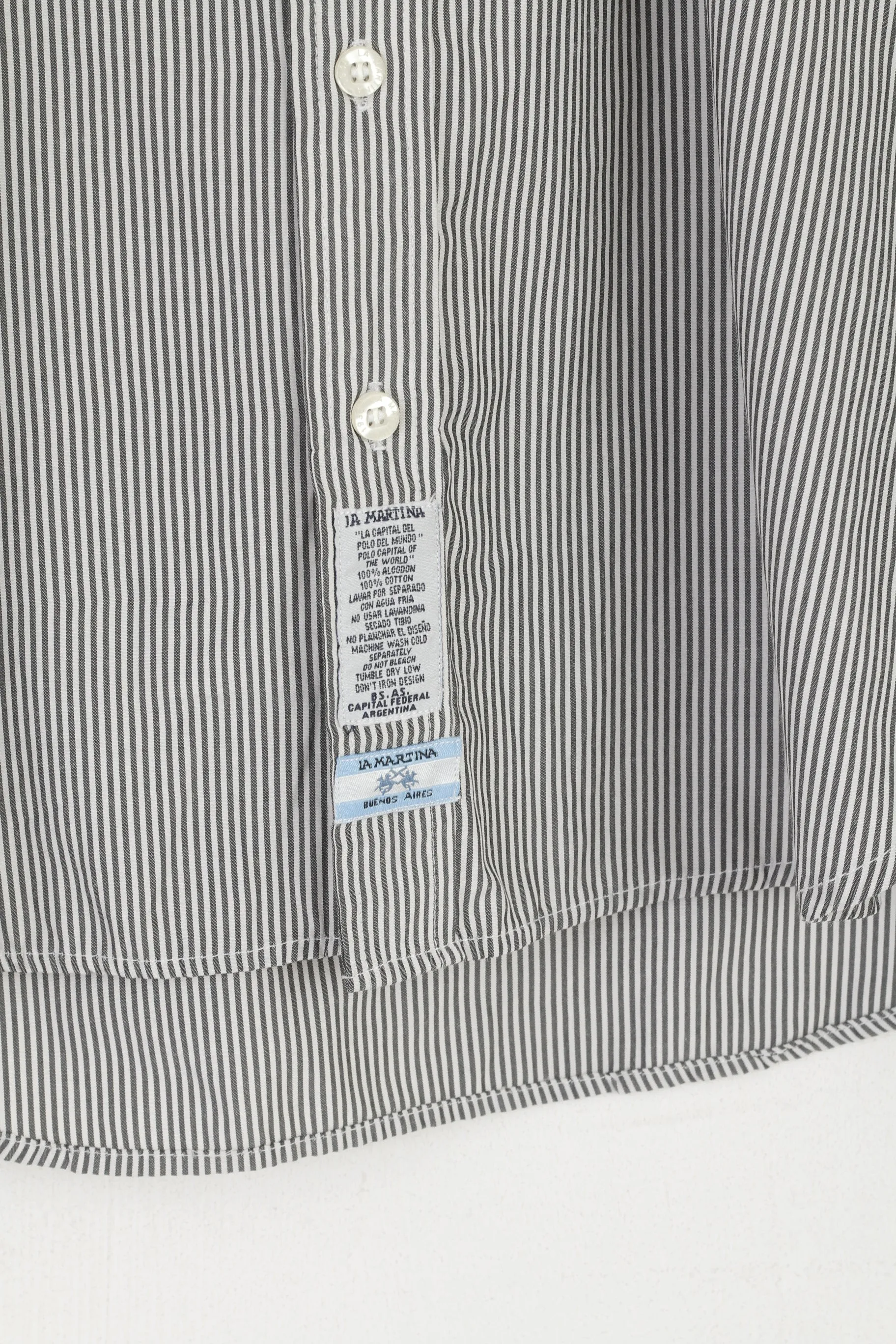 La Martina Men L (M) Casual Shirt Grey Striped Cotton Polo Buenos Aires Long Sleeve Top