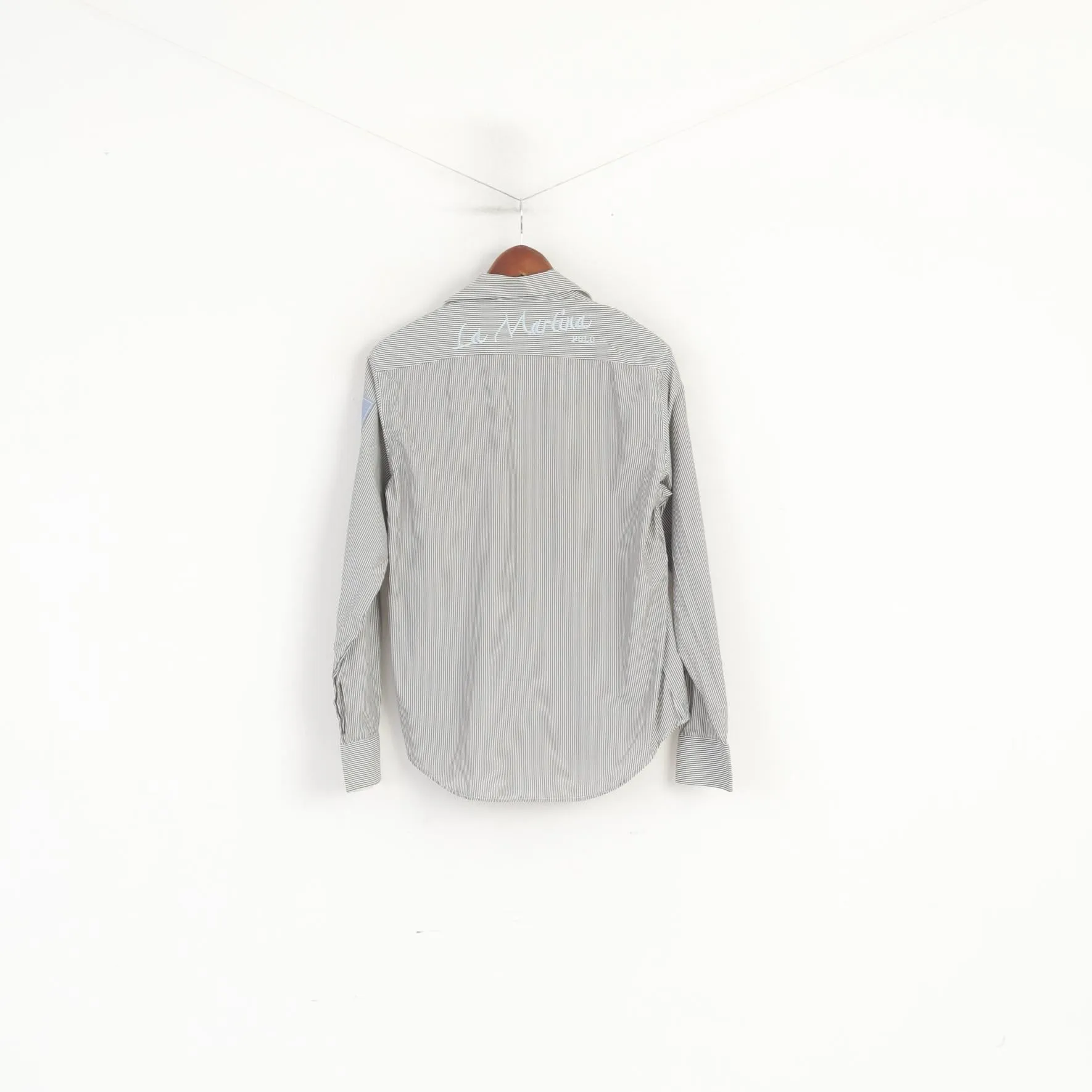La Martina Men L (M) Casual Shirt Grey Striped Cotton Polo Buenos Aires Long Sleeve Top