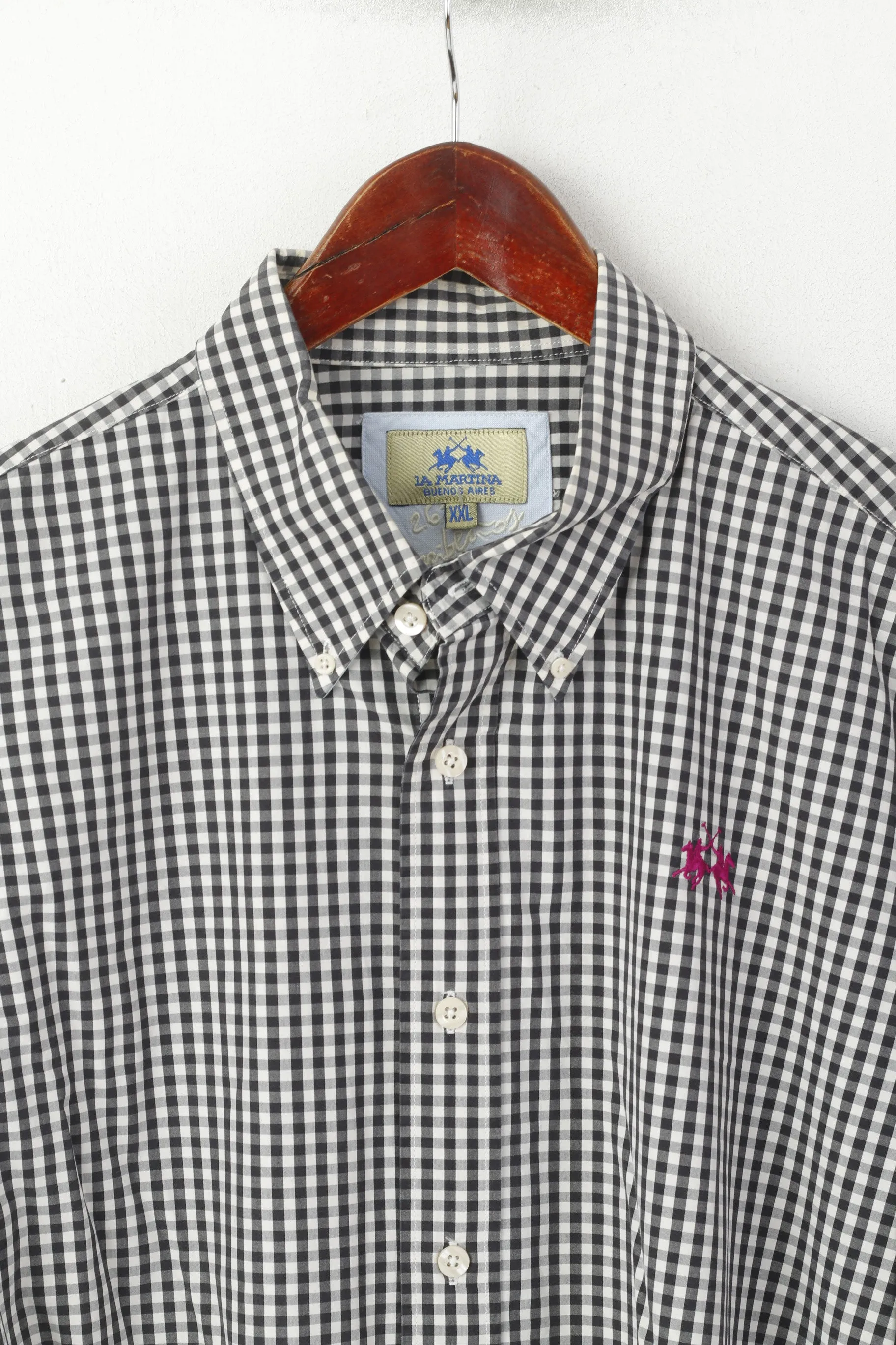La Martina Men XXL Casual Shirt Black & White Cotton Check Long Sleeve Top