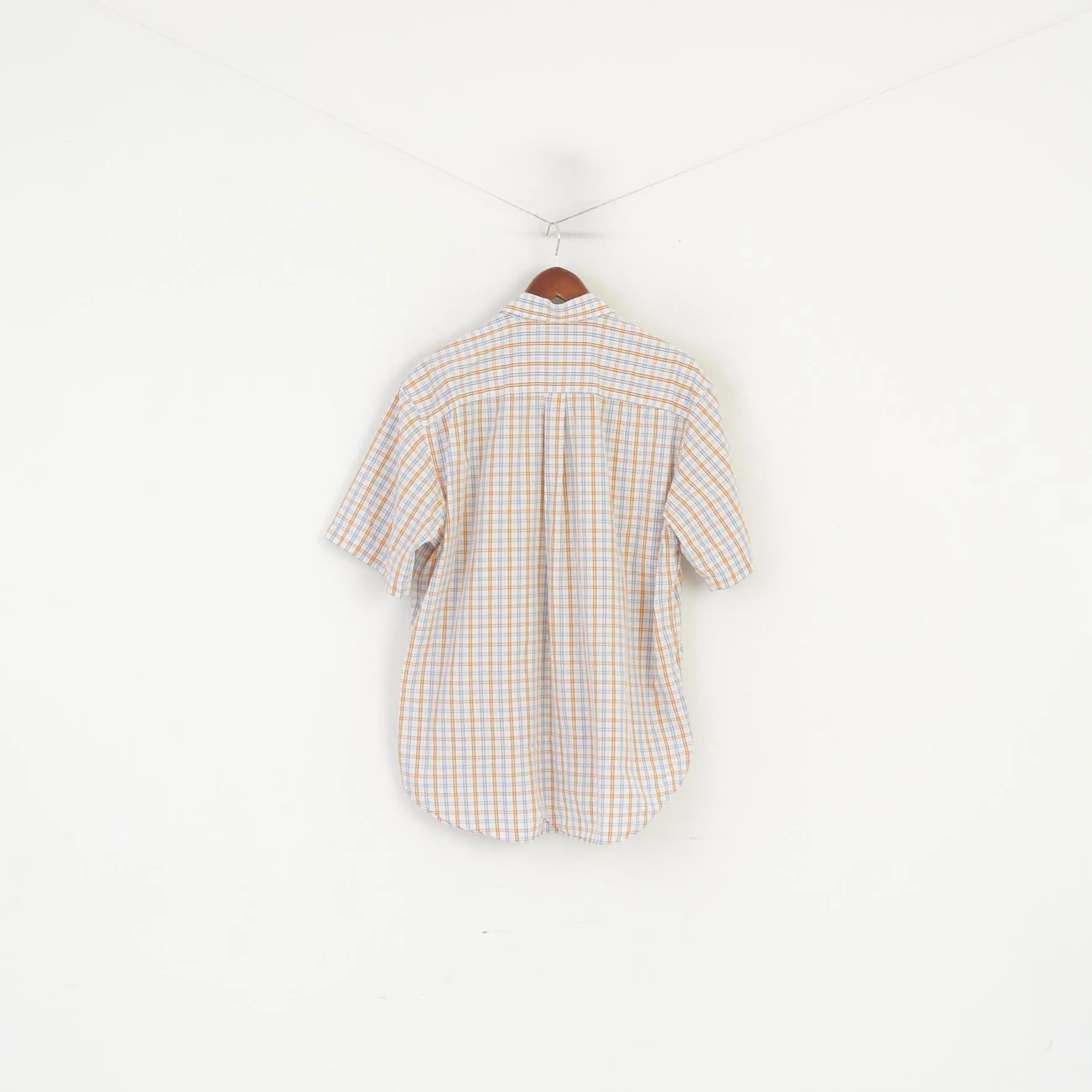 Lacoste Men 44 L Casual Shirt Blue Orange Check Cotton Long Sleeve Top