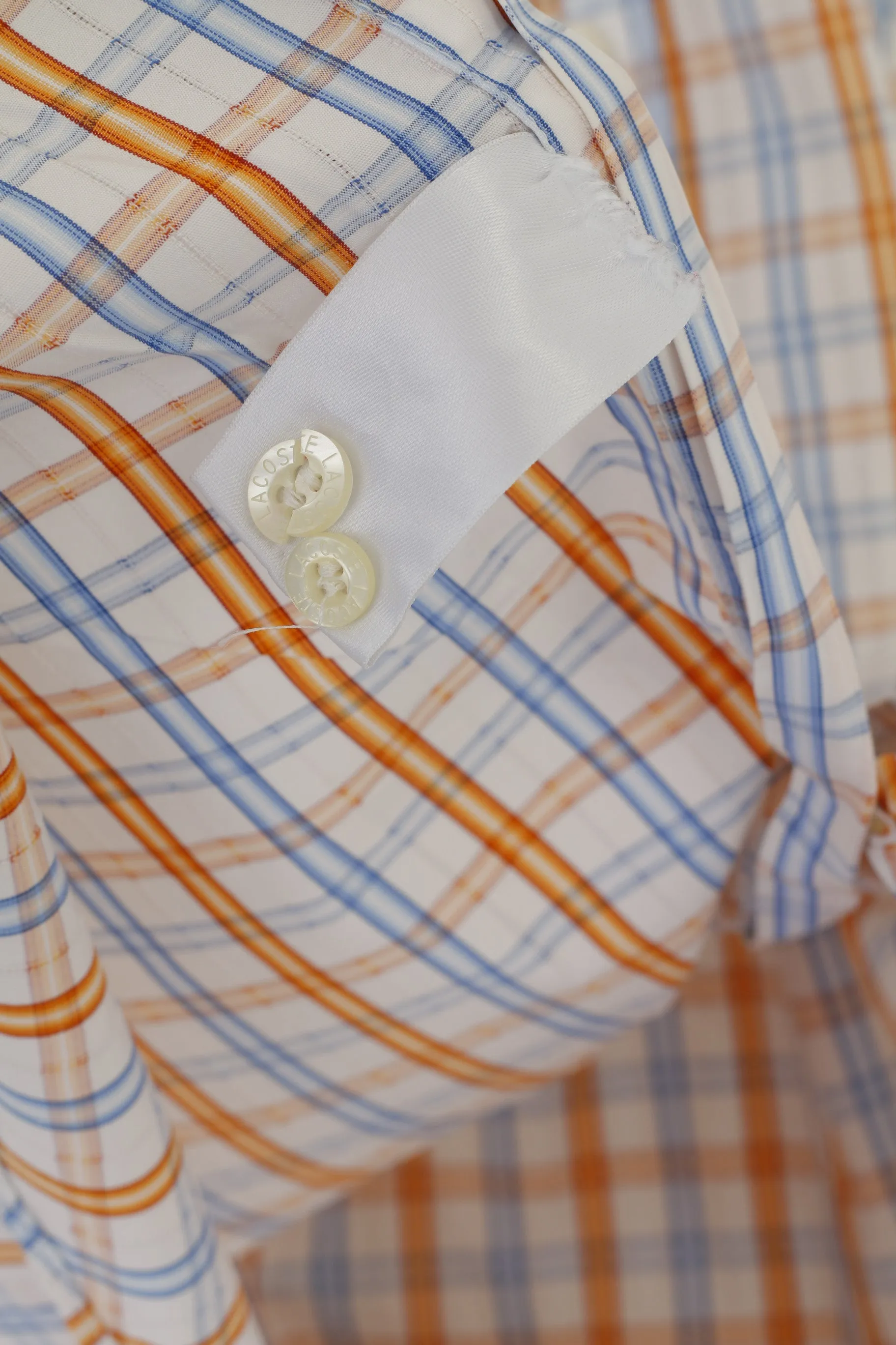 Lacoste Men 44 L Casual Shirt Blue Orange Check Cotton Long Sleeve Top