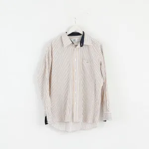 Lacoste Men 44 L Casual Shirt White Yellow Striped Cotton Long Sleeve Top
